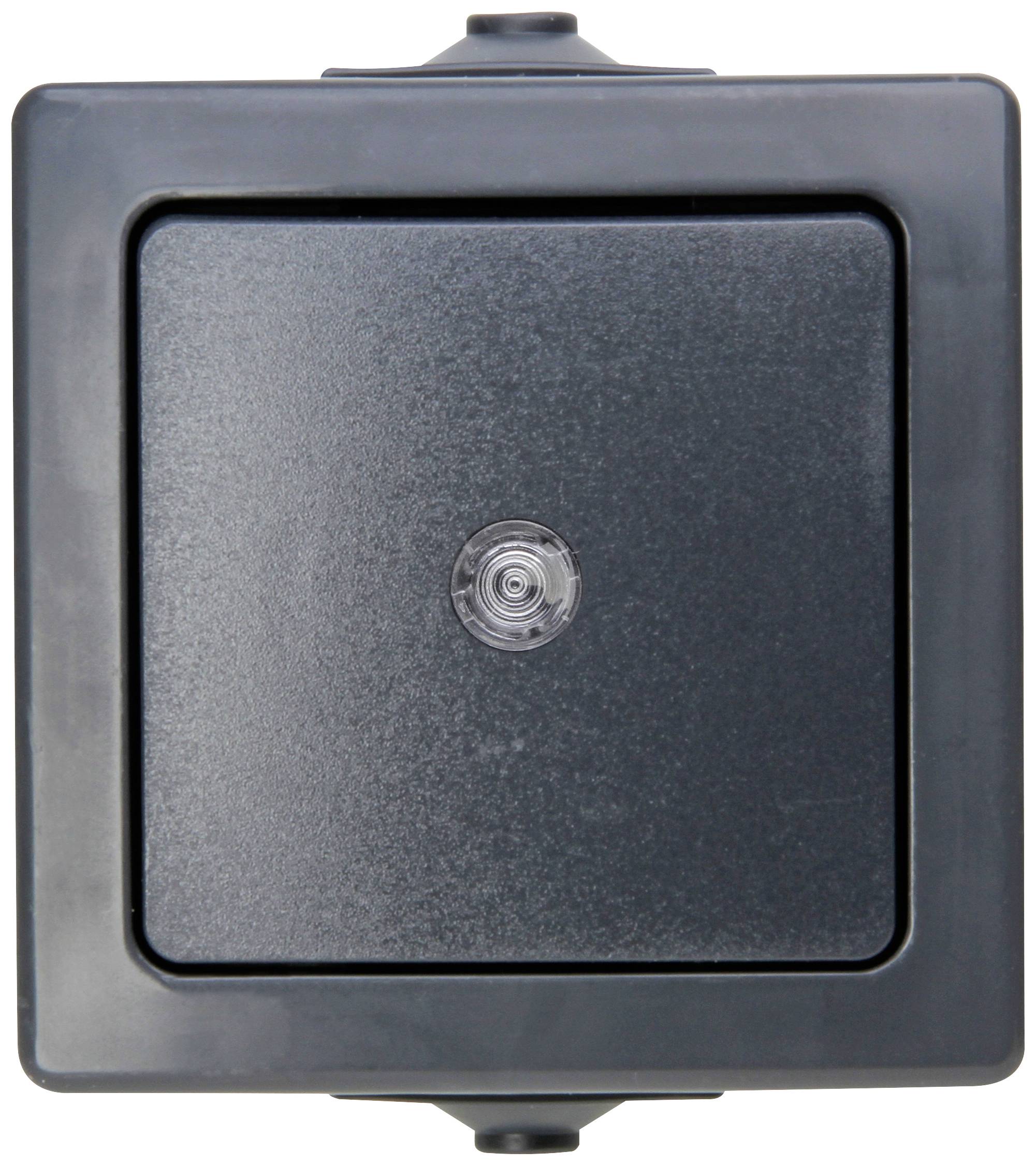 A square, black external socket mounted in a wall, with a transparent cover in the centre.