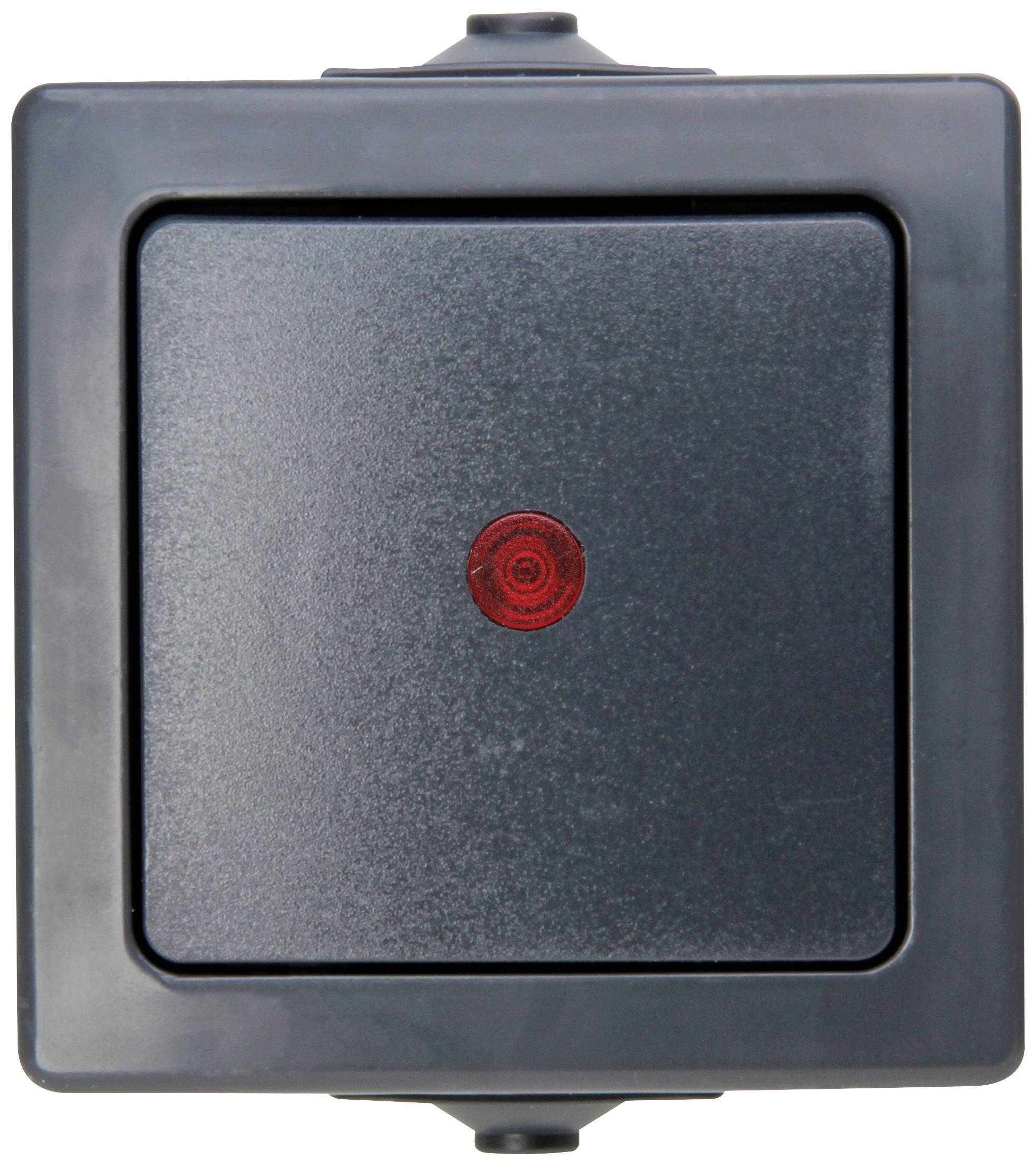 Black wall switch with a red indicator light in the centre, often used to indicate an active electrical circuit.