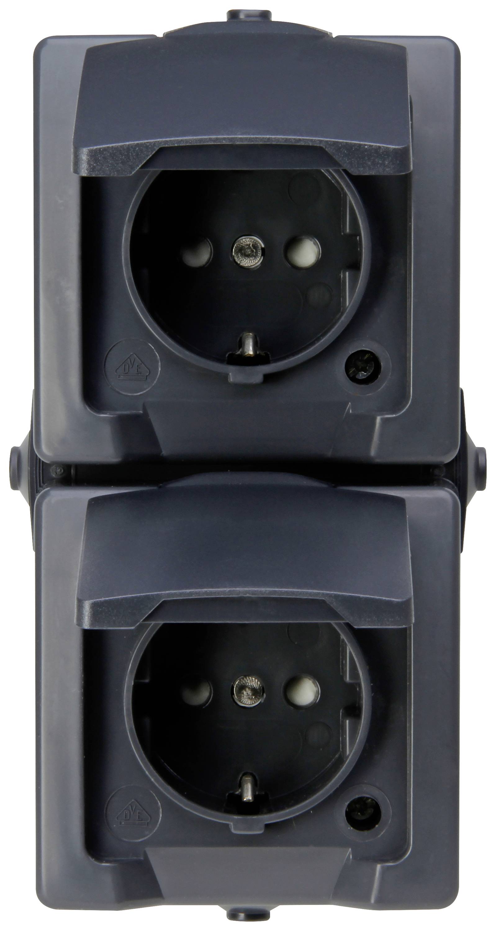 Two black, overlapping socket outlets with protective covers.