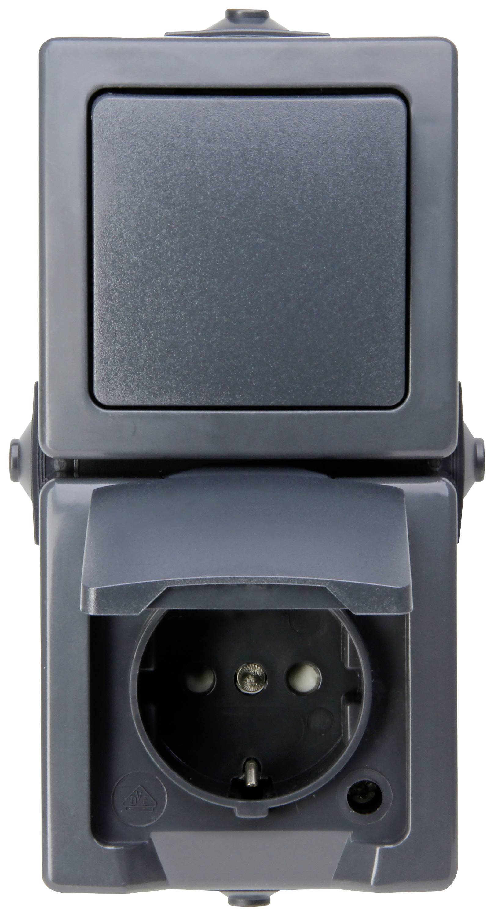 Electrical outdoor socket with integrated hinged cover and additional switch, weather-resistant design for external use.