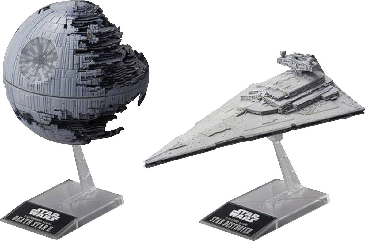 Two detailed models from Star Wars: a section of the Death Star and a Star Destroyer, both displayed on transparent stands.