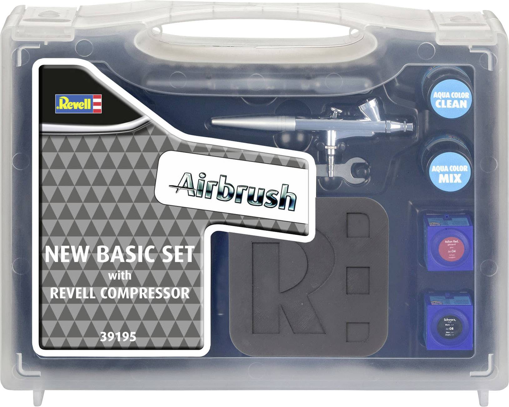 Revell airbrush set in a transparent case; includes compressor, brush and three colours. Number: 39195.