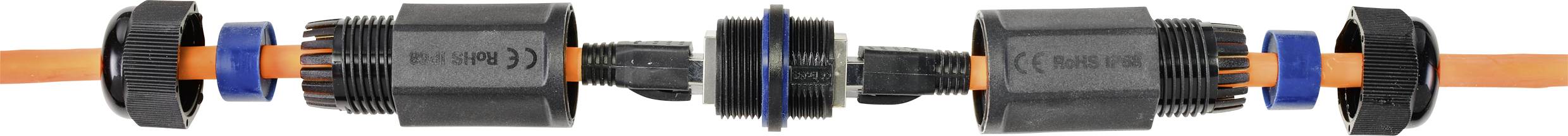 Two black electrical connectors are joined by an orange cable. The connection features blue sealing rings for watertight sealing.