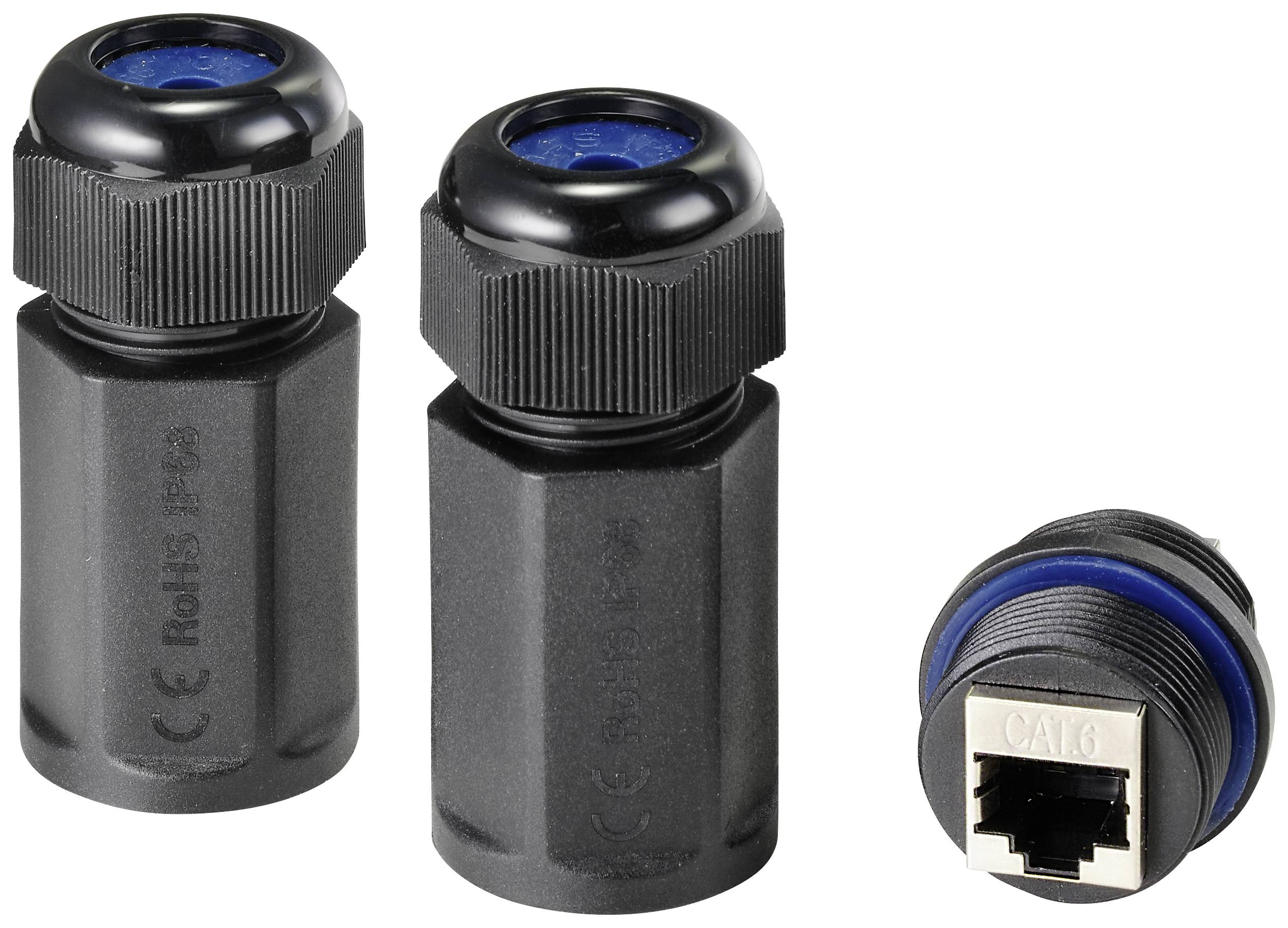 Two black cable glands and an RJ45 connector labelled 'CAT6' on a white surface.