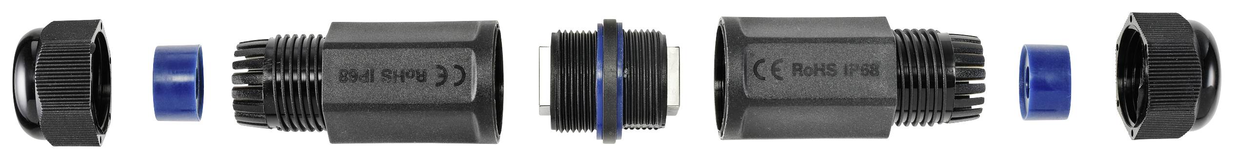 Exploded view of a black connector with blue seals. The parts are arranged from left to right.