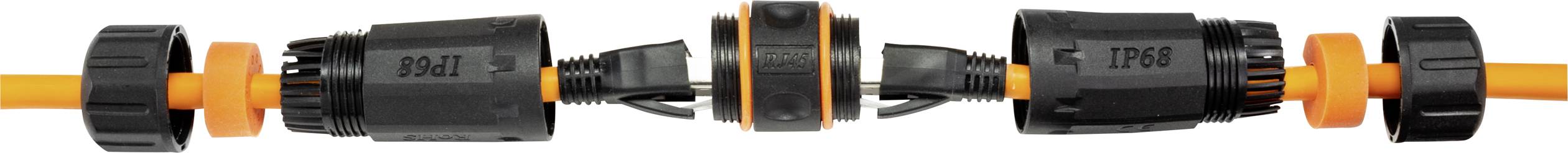 Garden hose connector with black housing and orange hose.