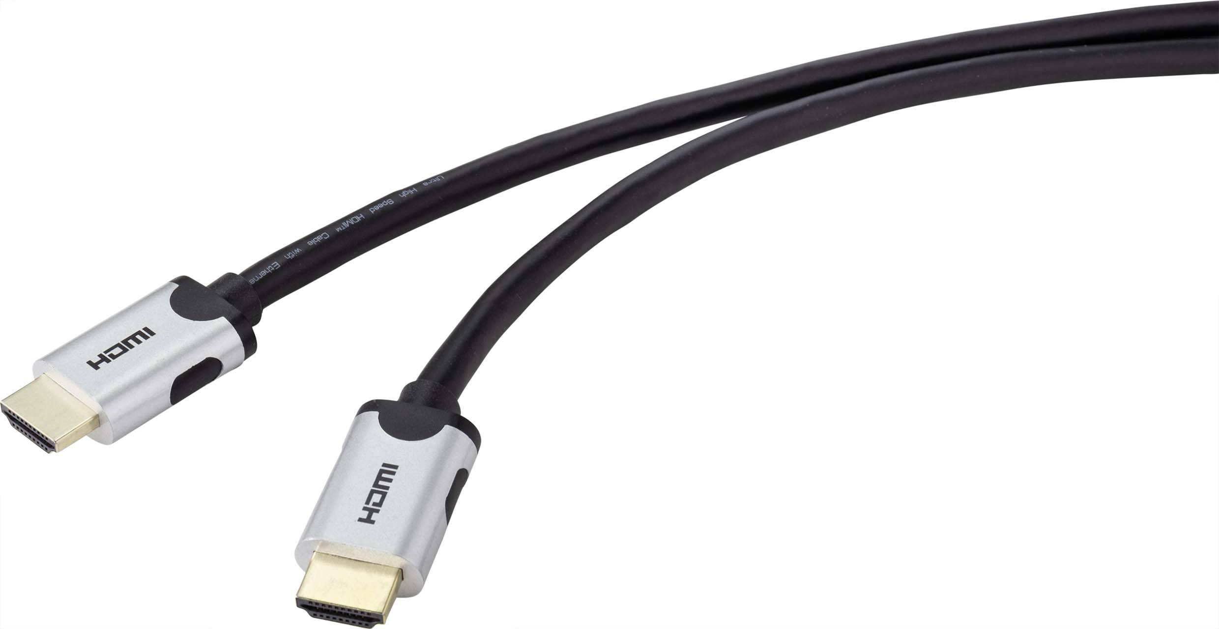 Two silver HDMI cables with black ends on a light background.