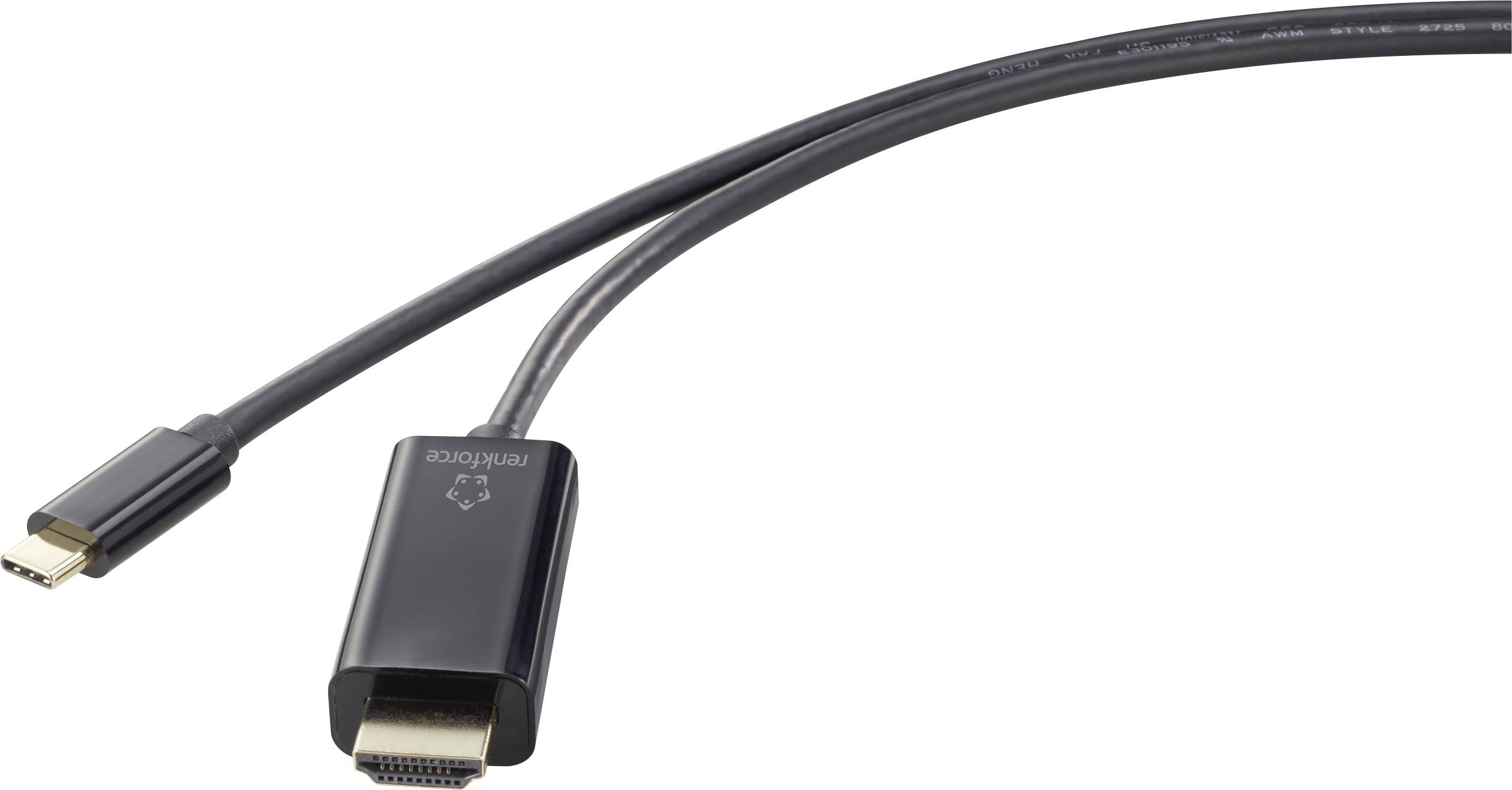 A black HDMI cable with two different connectors: Mini-HDMI and Standard-HDMI. Ideal for connecting devices.