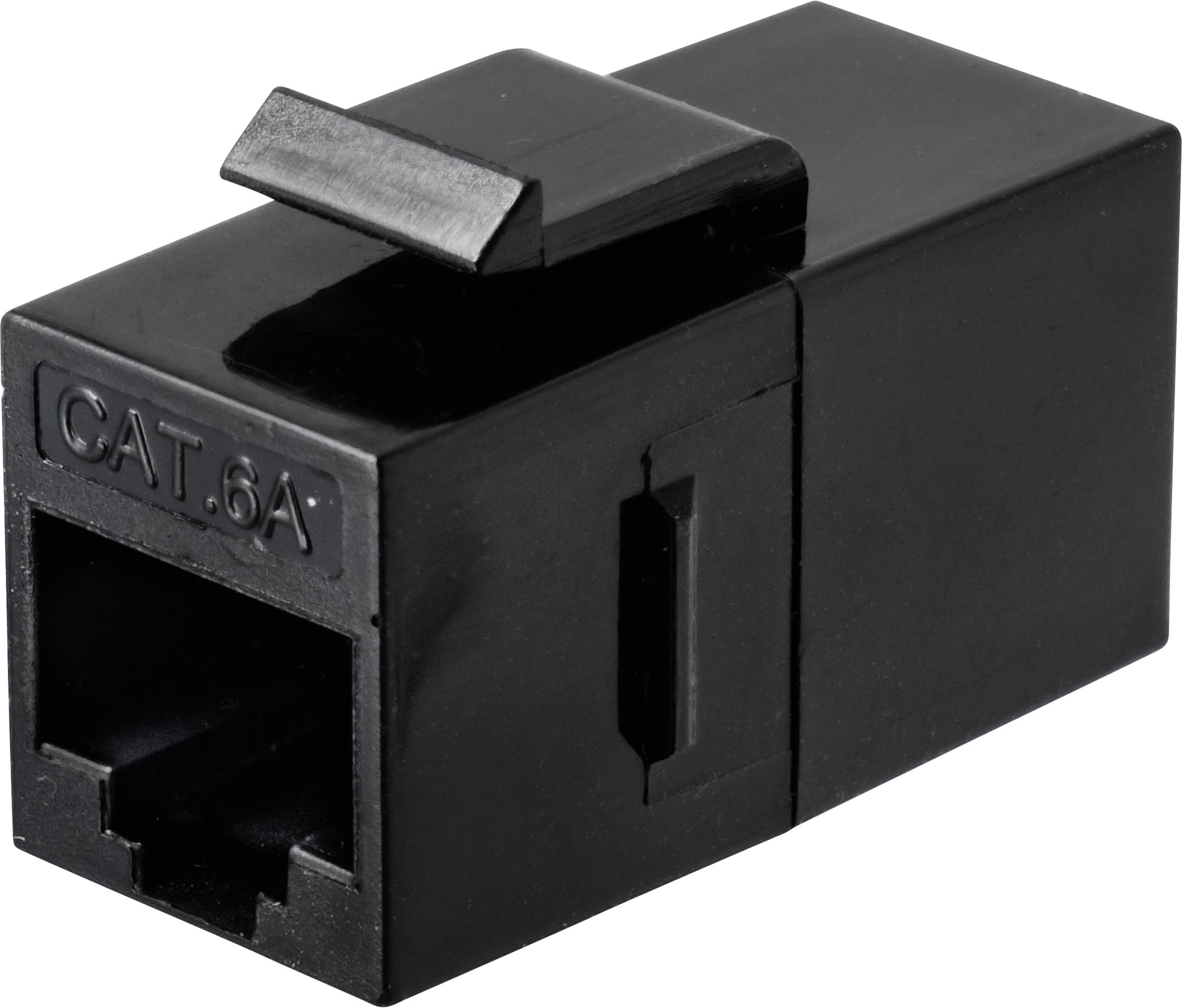 A black CAT.6A network adapter with a rectangular shape and socket opening for Ethernet cables.