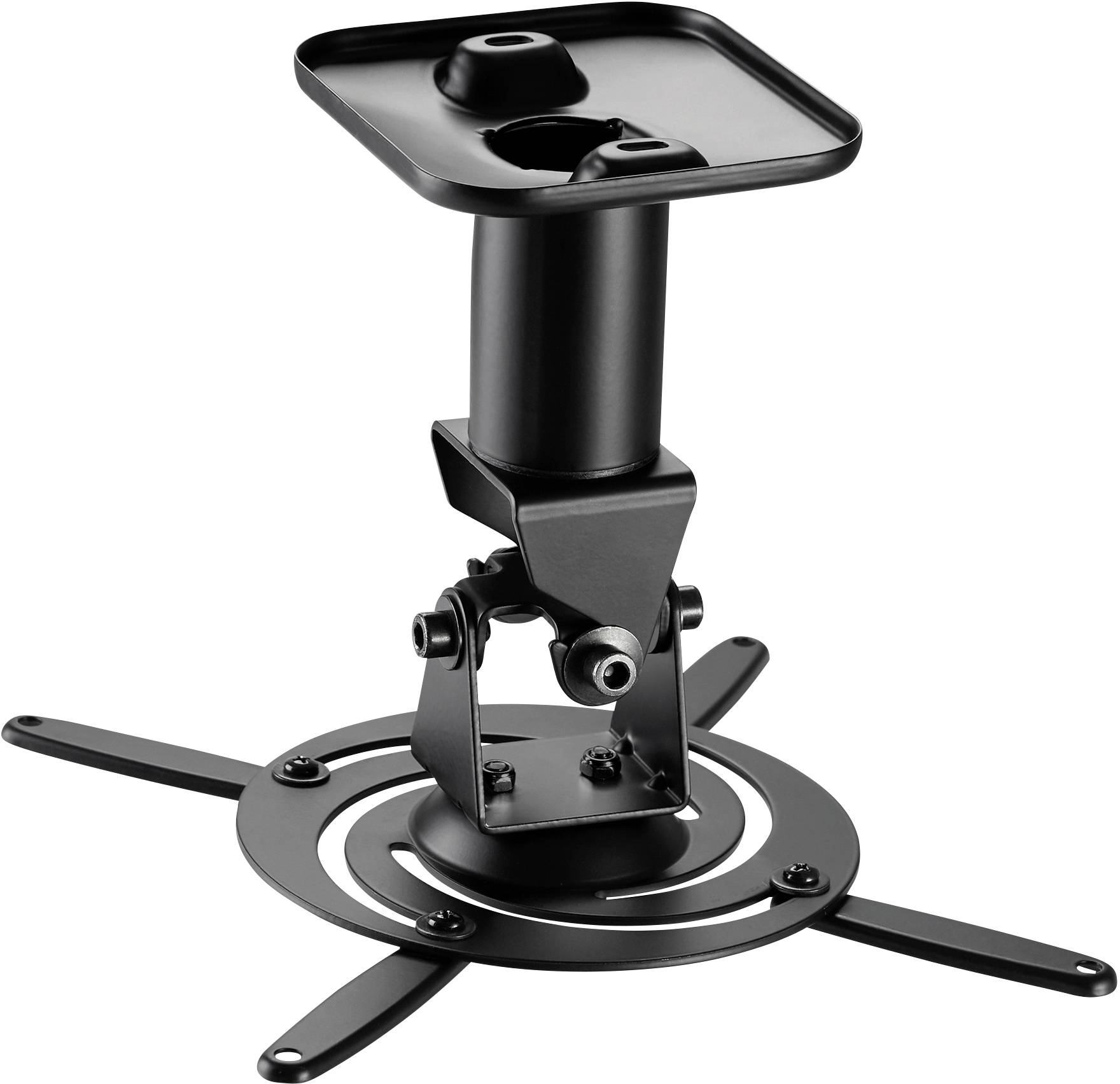 Black ceiling mount for projectors, with adjustable arm and mounting ring, suitable for various projector models.