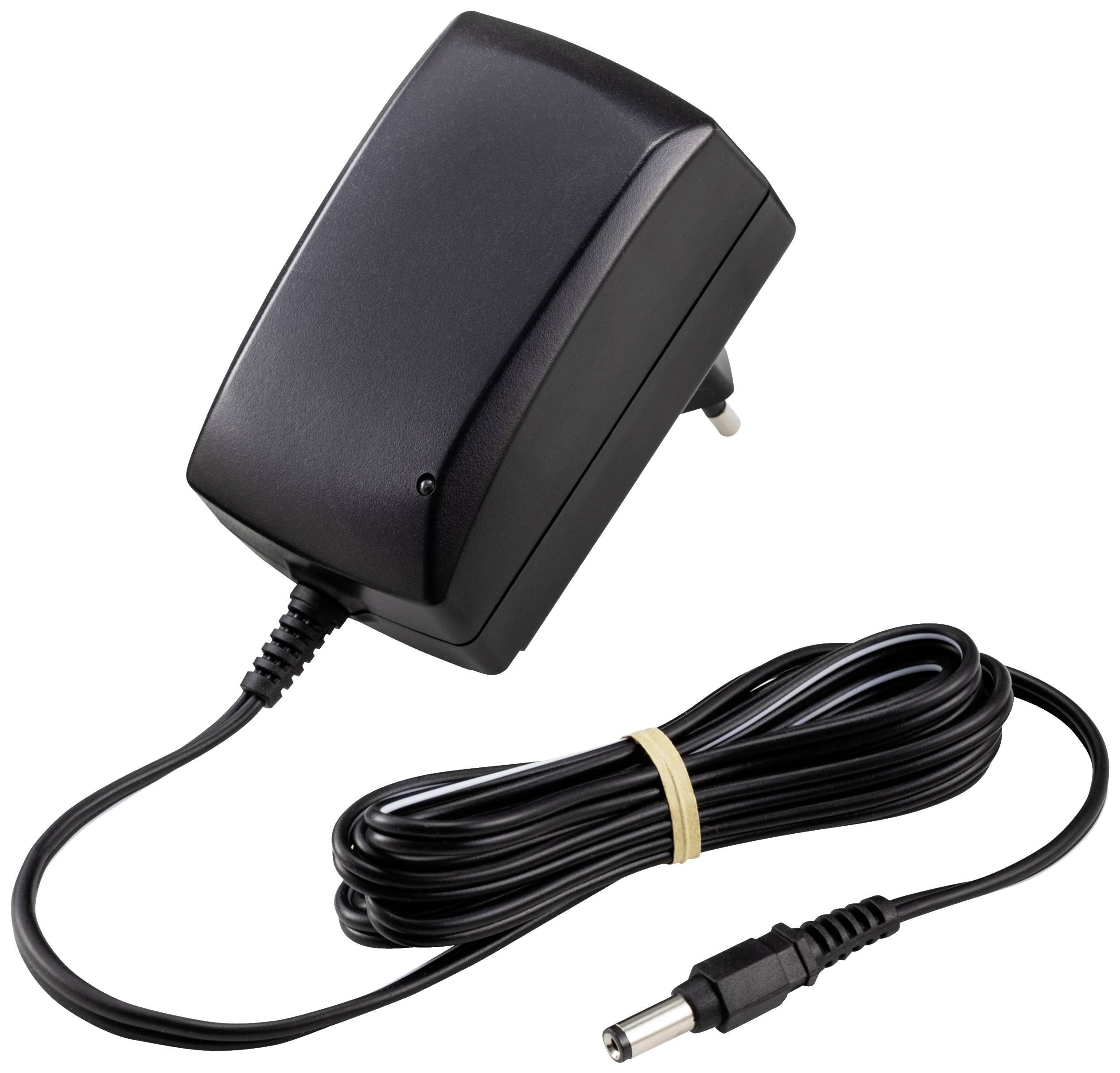 Black charger with a long cable and a plug for the power socket. Suitable for charging electronic devices.(Note: This translation is already in British English, as there are no significant differences from American English in this context.)