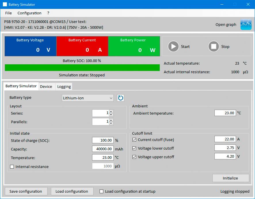 Screenshot of a battery simulator software. Displays voltage, current, power, and battery state of charge (SoC), all set to 0. User can adjust parameters.