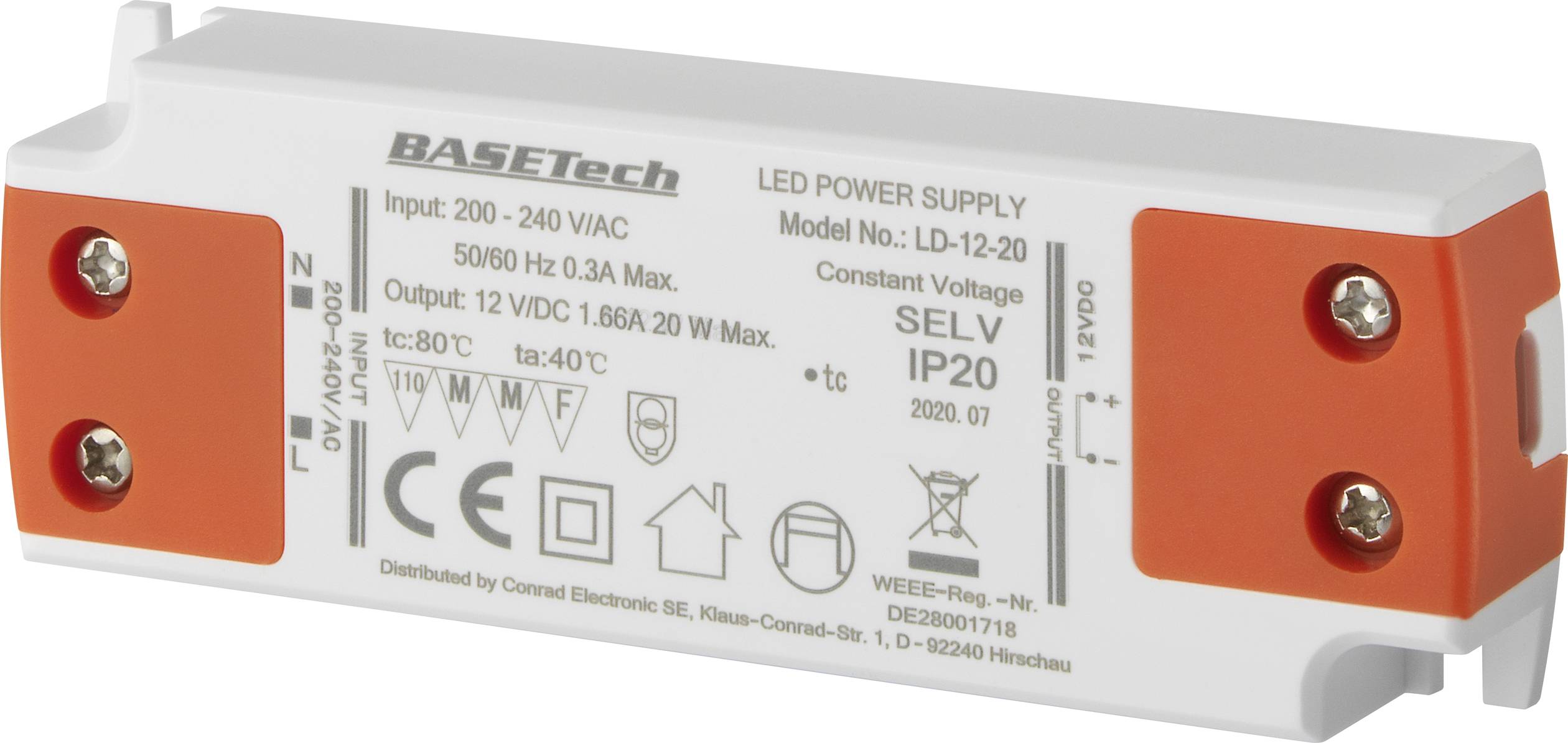 Basetech LD-12-20 LED transformer Constant voltage 20 W 1.66 A Approved for use on furniture, Overvoltage, Suitable for flammable