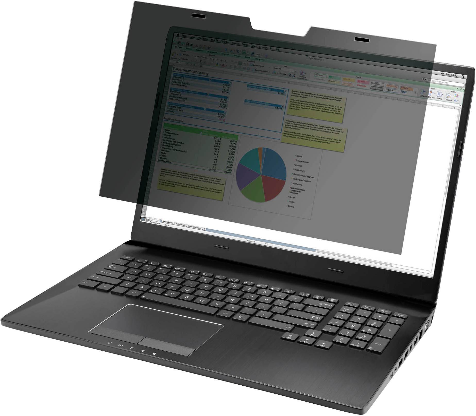 A laptop opened up with a screen filter displaying statistics and a pie chart on the screen.