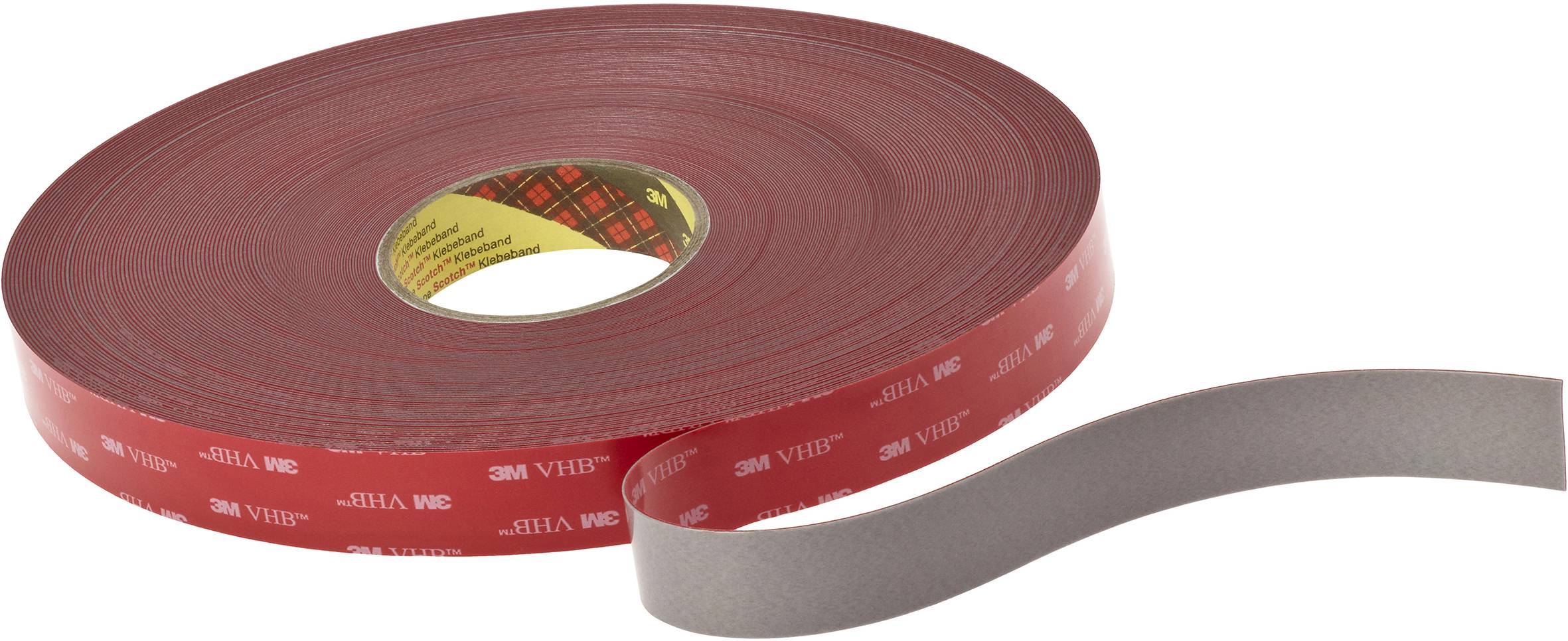 A roll of double-sided adhesive tape with a red protective film and grey adhesive surface, suitable for strong bonding connections.
