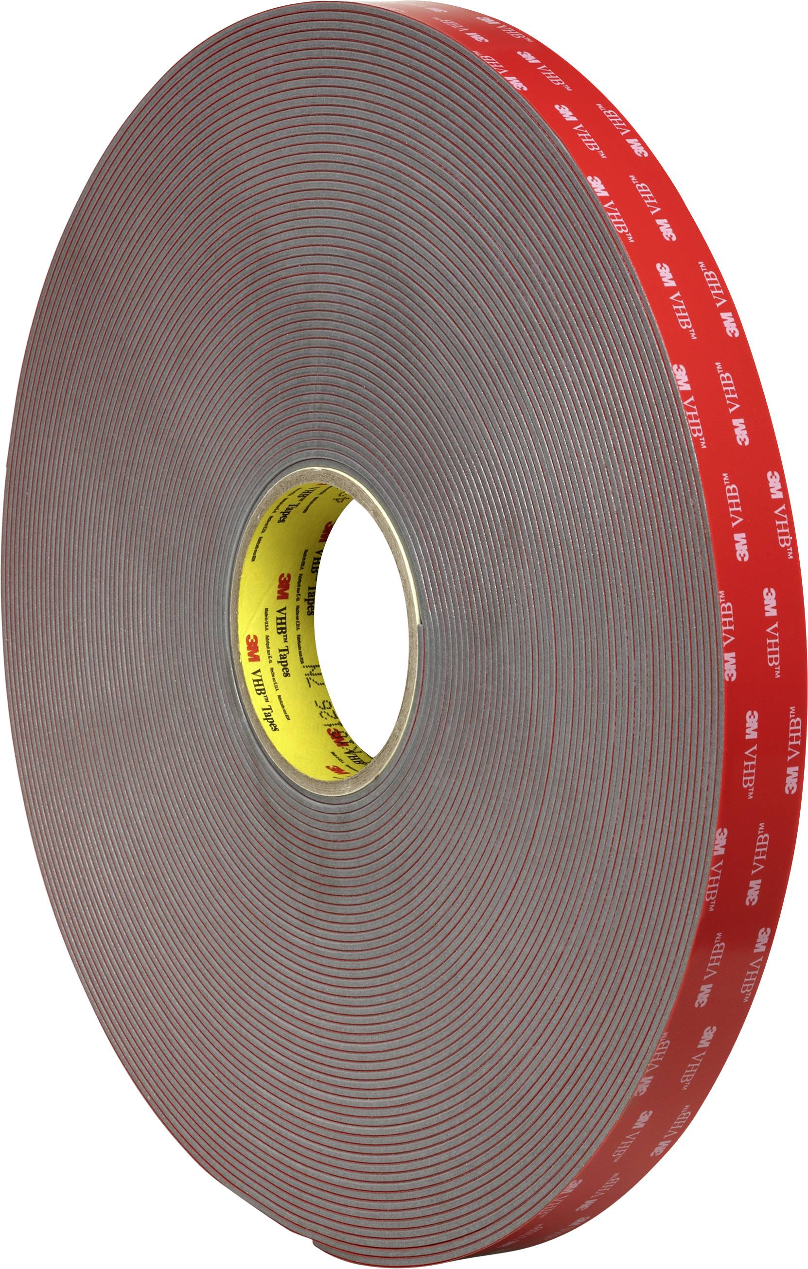 A large roll of red double-sided adhesive tape, marked with '3M VHB', demonstrates the thickness and surface area of the tape.