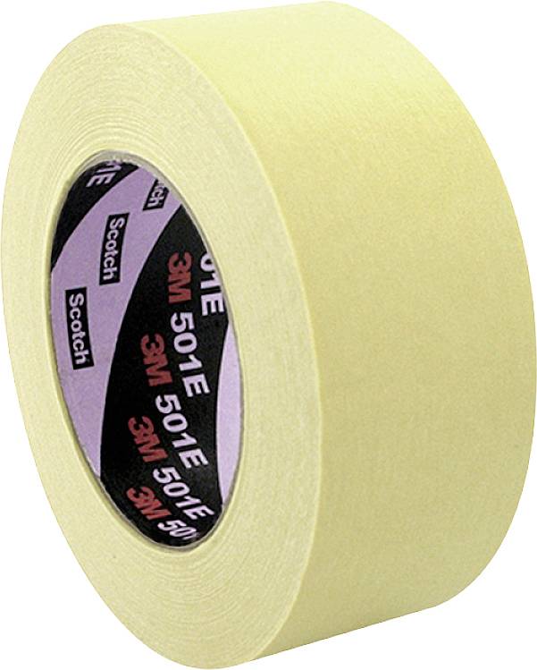 Beige adhesive tape roll, viewed at an angle. Black inner ring with red '3M 501E' and purple 'Scotch' brand print.