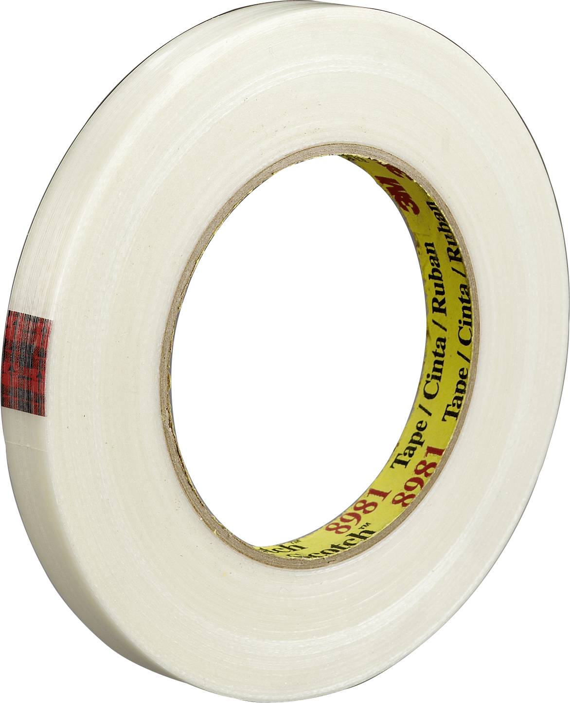 A transparent adhesive tape on a roll with a red label and yellow lettering.