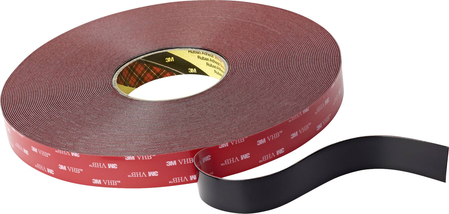 A red, double-sided adhesive tape roll with the inscription '3M VHB' and a ready-to-peel adhesive layer.