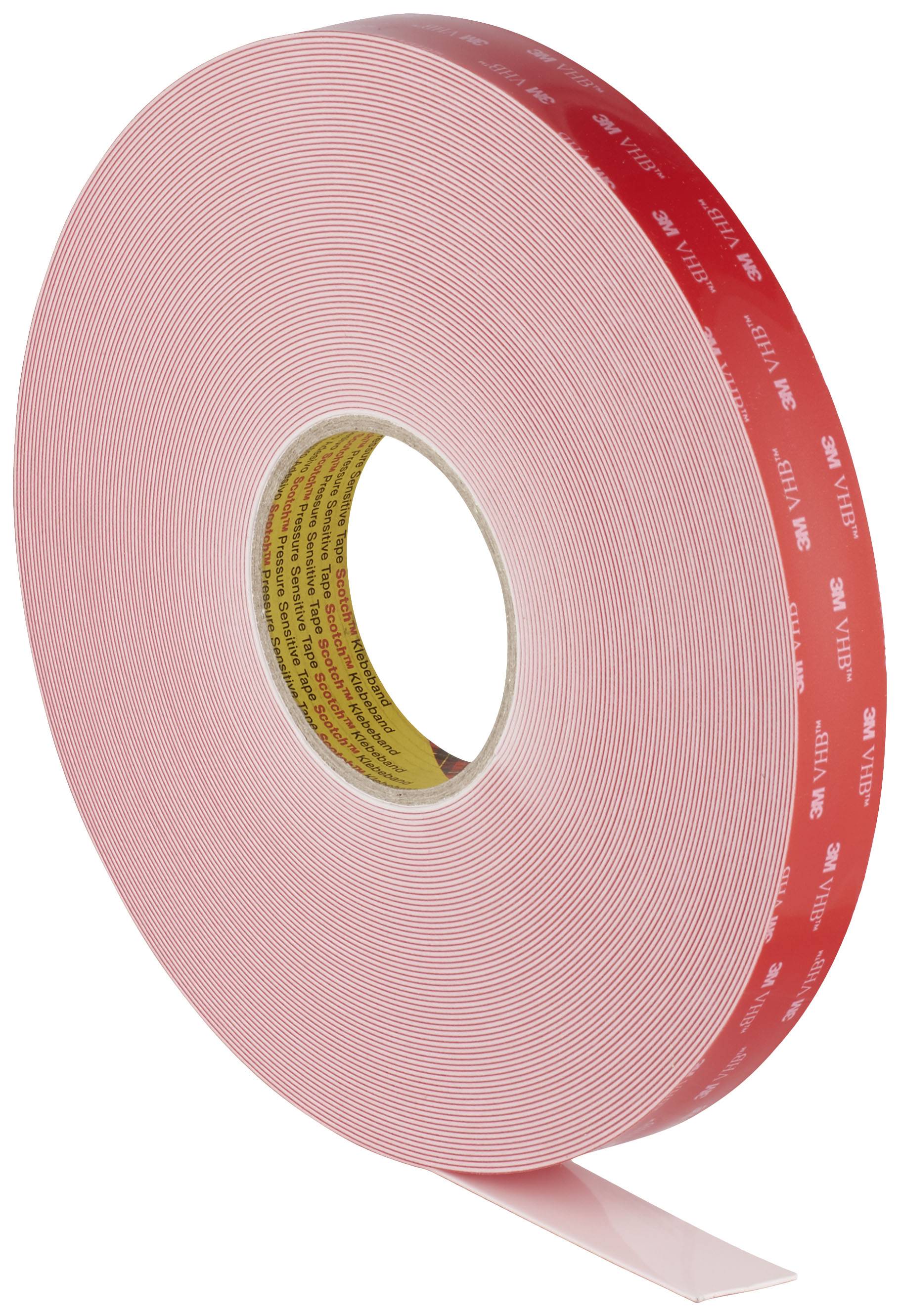 A roll of double-sided, red 3M VHB adhesive tape with the protective film removed at one end.