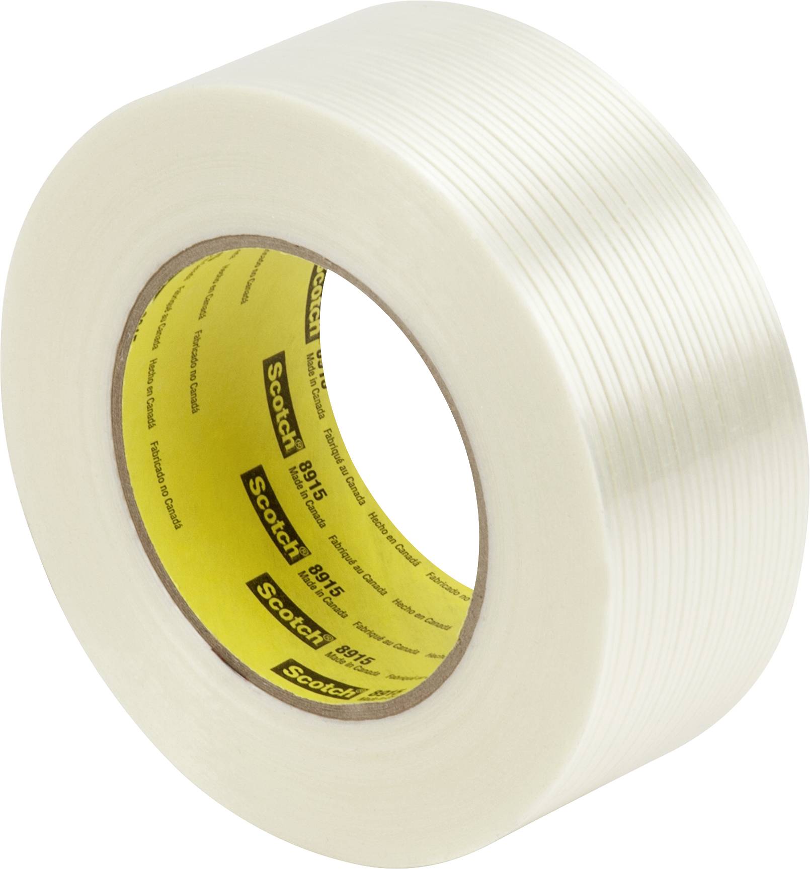 A roll of transparent adhesive tape with a yellow inner core, visible against a white background.