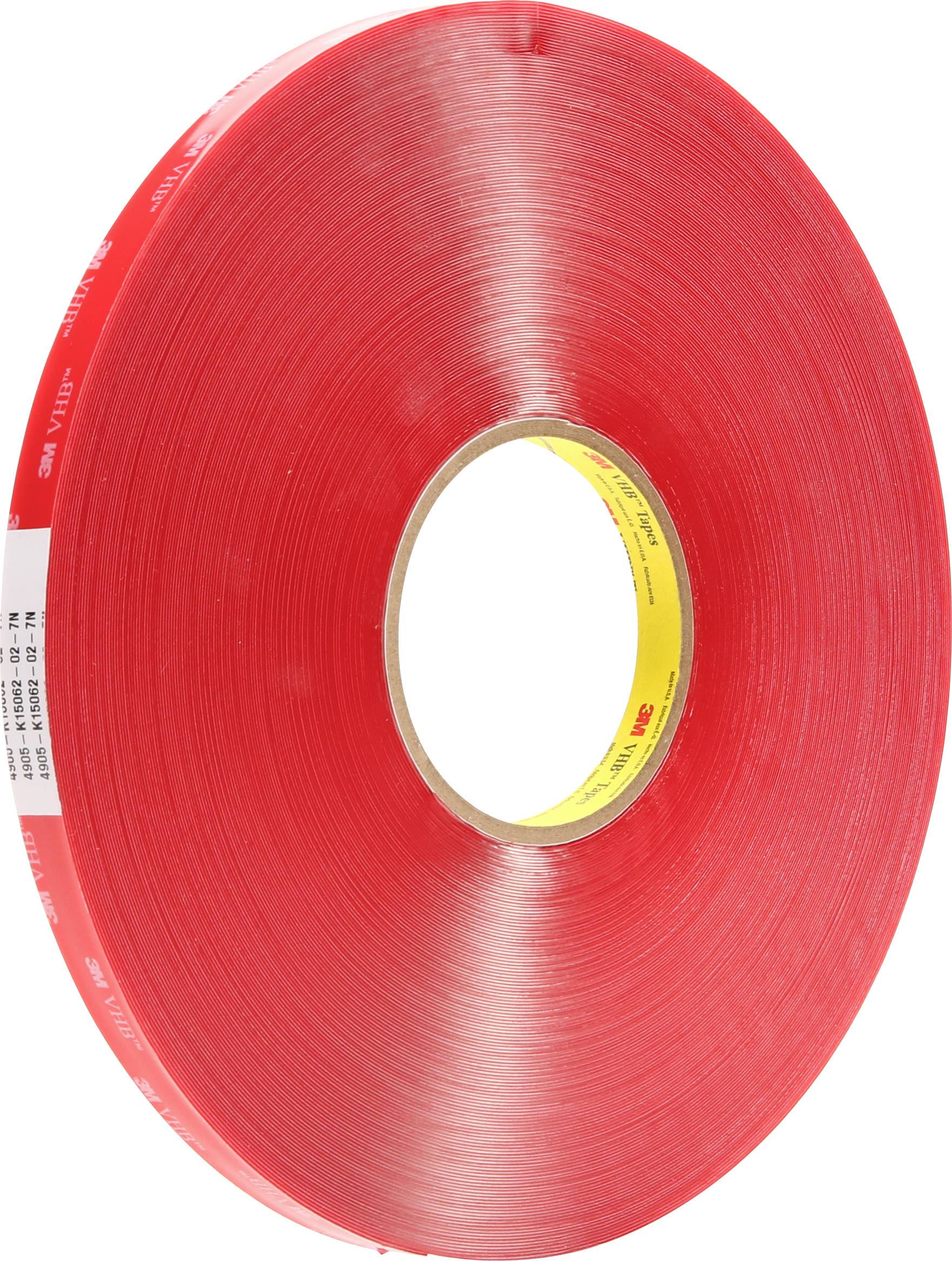 Roll of 3M red adhesive tape, shown from the side. Suitable for permanent bonding of materials in construction and industry.