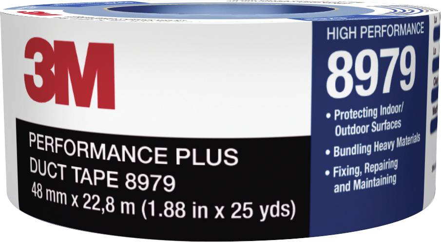 '3M Performance Plus Duct Tape 8979', 48 mm x 22.8 m. Suitable for protection, bundling, and repairs in indoor and outdoor areas.