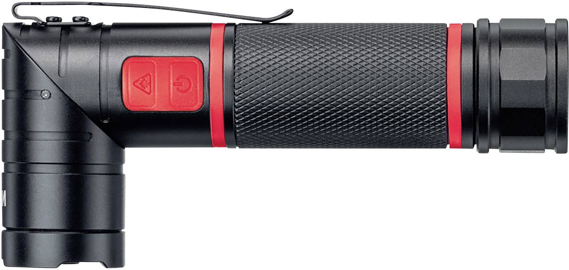 A black torch with a red accent and non-slip grip, featuring a side-mounted on/off switch.