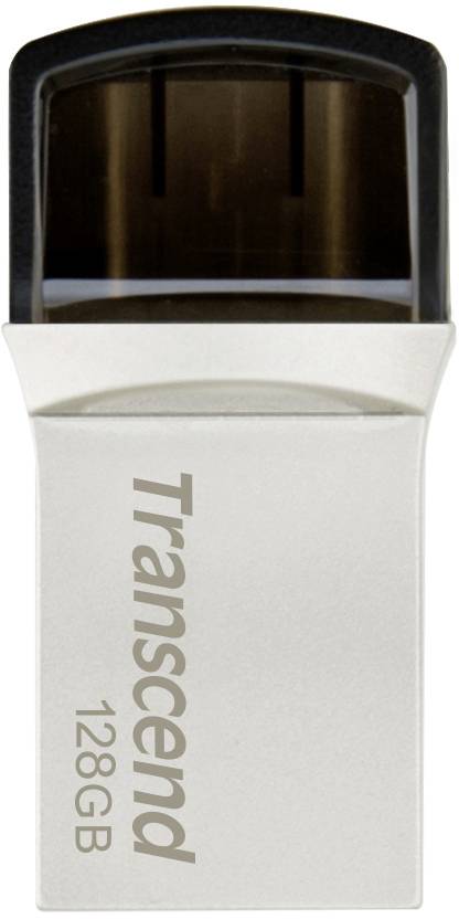 A silver USB stick with a black cap, 128 GB capacity. Inscription: 'Transcend'.