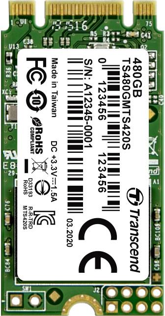 Transcend hard drive, 480 GB, Model TS480GMSA420S, Serial Number A-12345-0001, manufactured in Taiwan in March 2020.