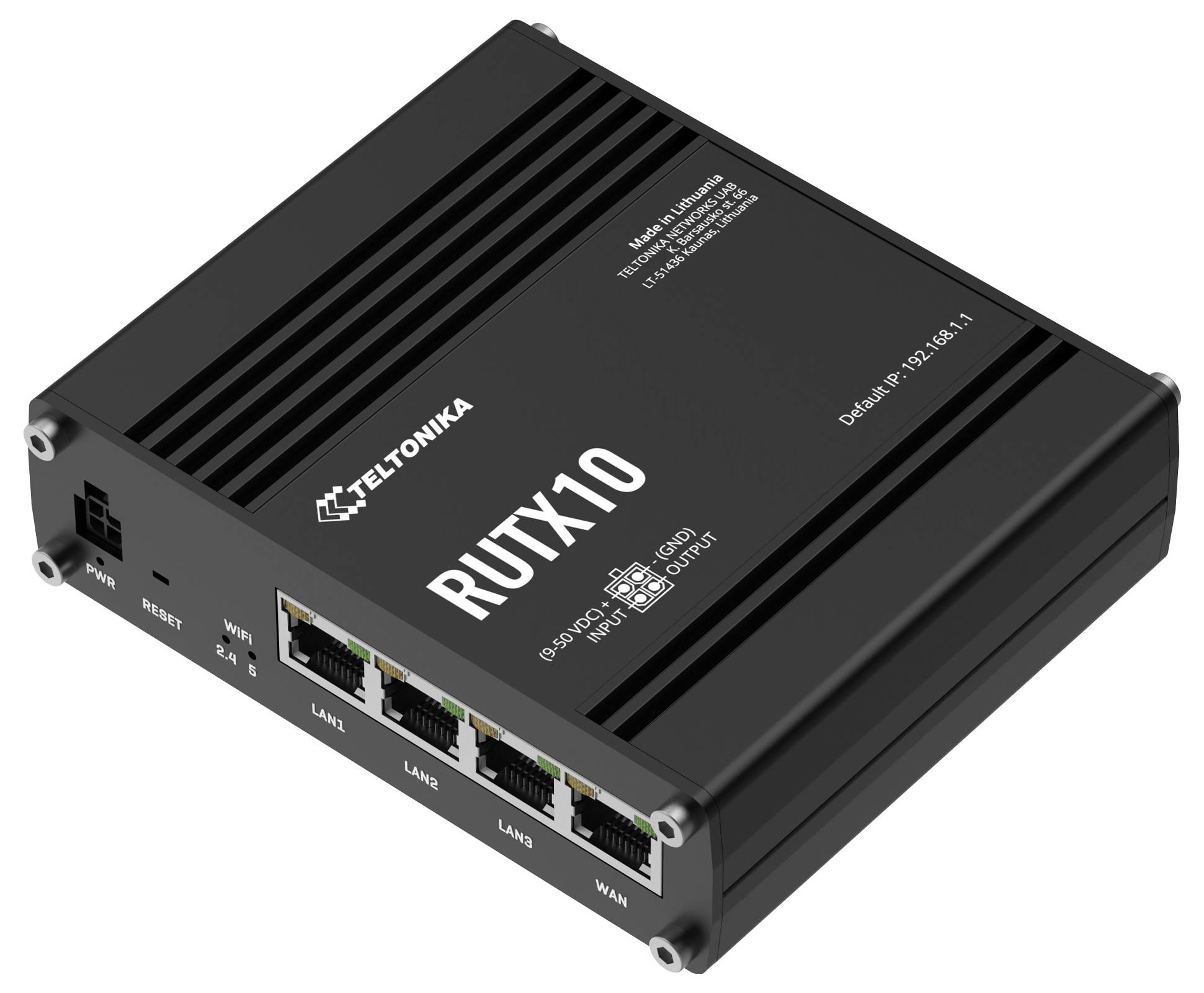 Teltonika RUTX10 industrial router with four Ethernet ports and a power/input panel shown in angled product view.