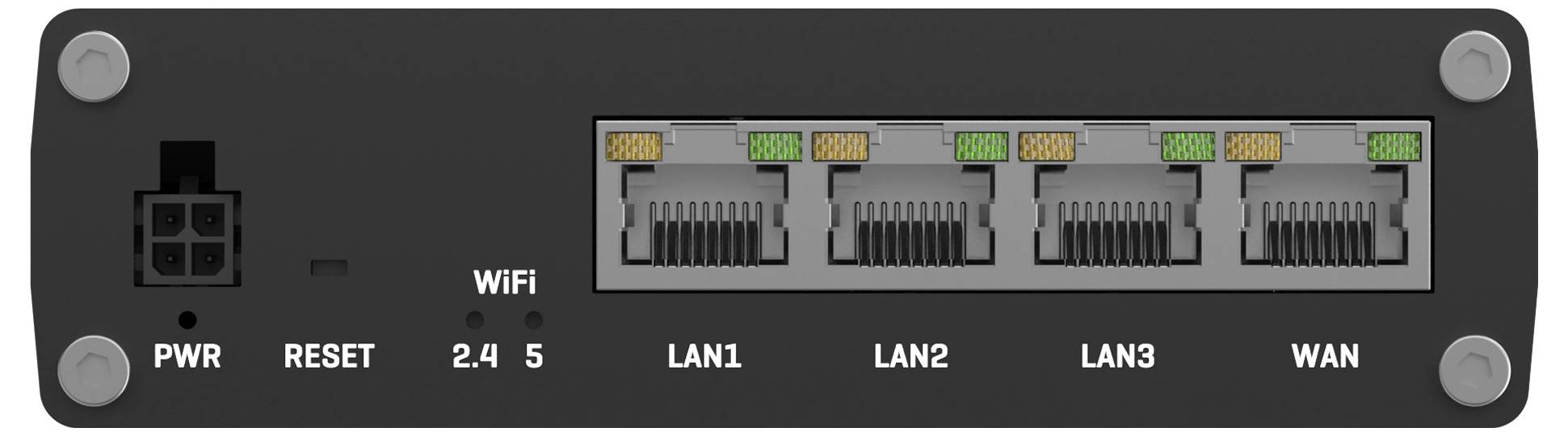 Front panel of a Wi‑Fi router with PWR and RESET labels, 2.4/5 GHz indicators, and six Ethernet ports labeled LAN1, LAN2, LAN3, and WAN.