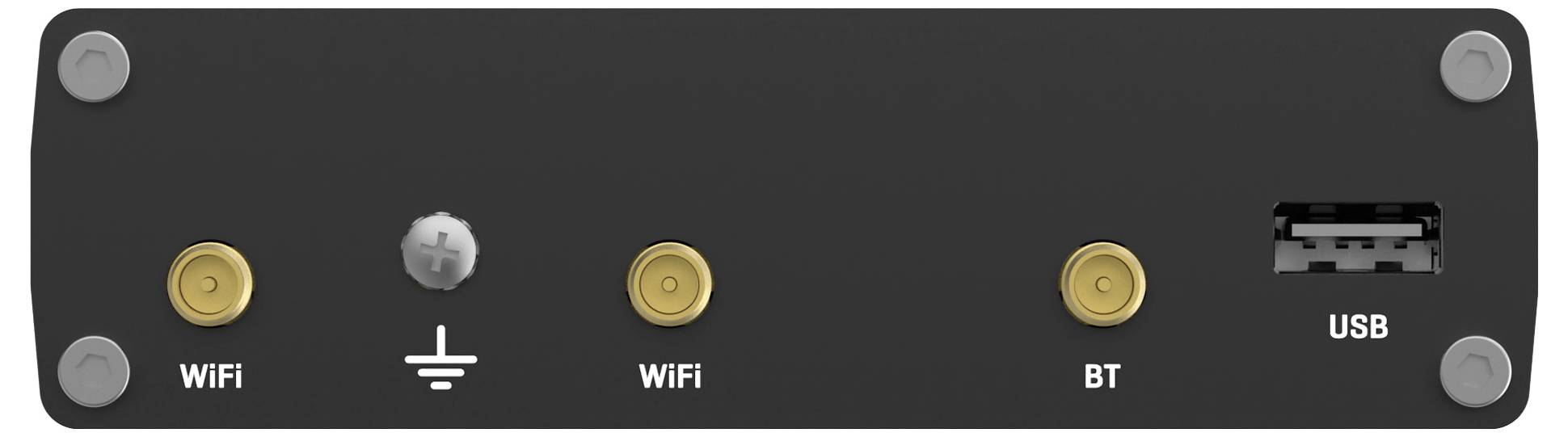 Black control panel with four mounting screws, showing two WiFi ports, a grounding symbol, a BT port, and a USB port.
