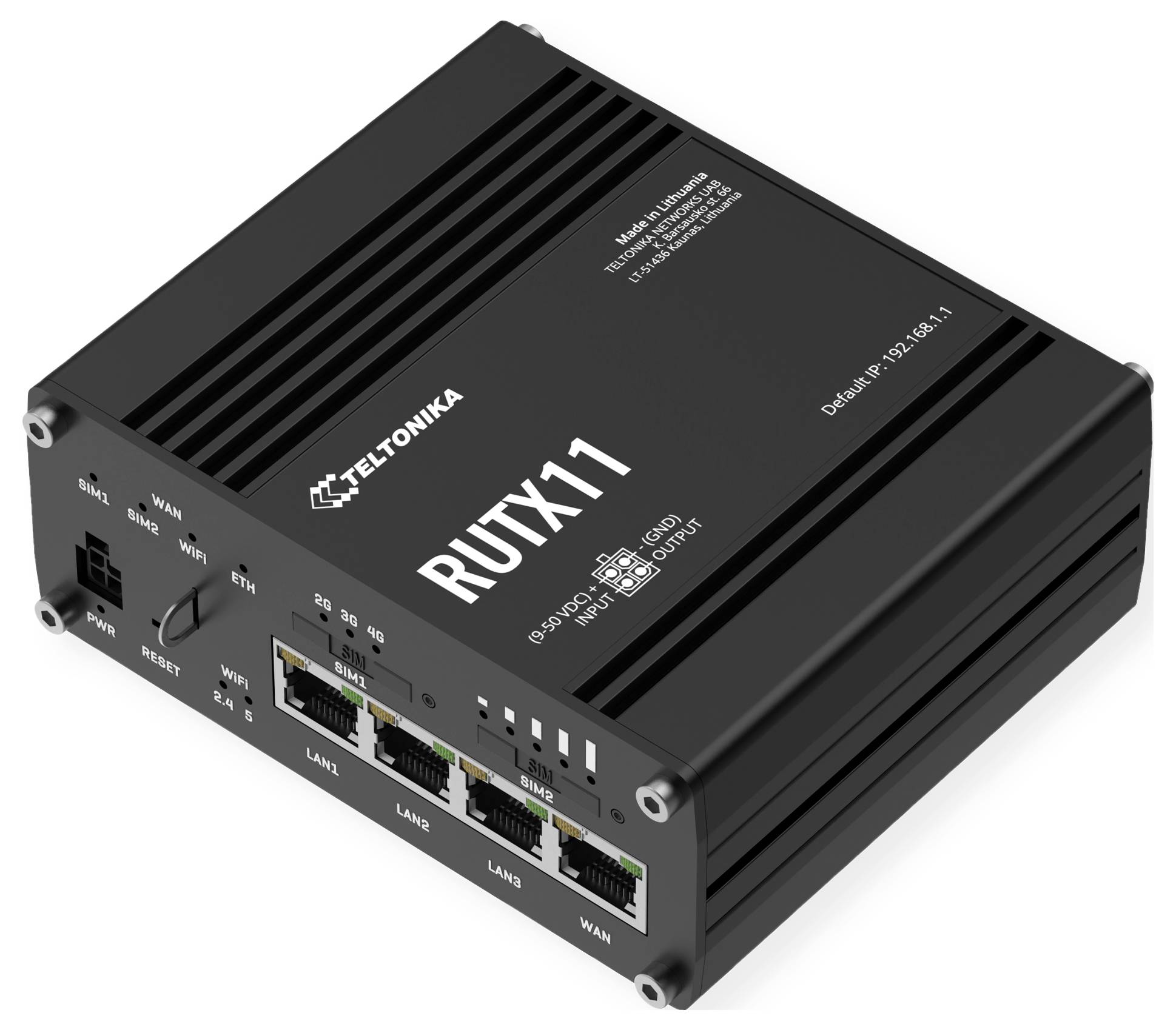 Teltonika RUTX11 industrial router shown in a product photo, with four Ethernet ports, SIM slots, and status LEDs on a black metal case.