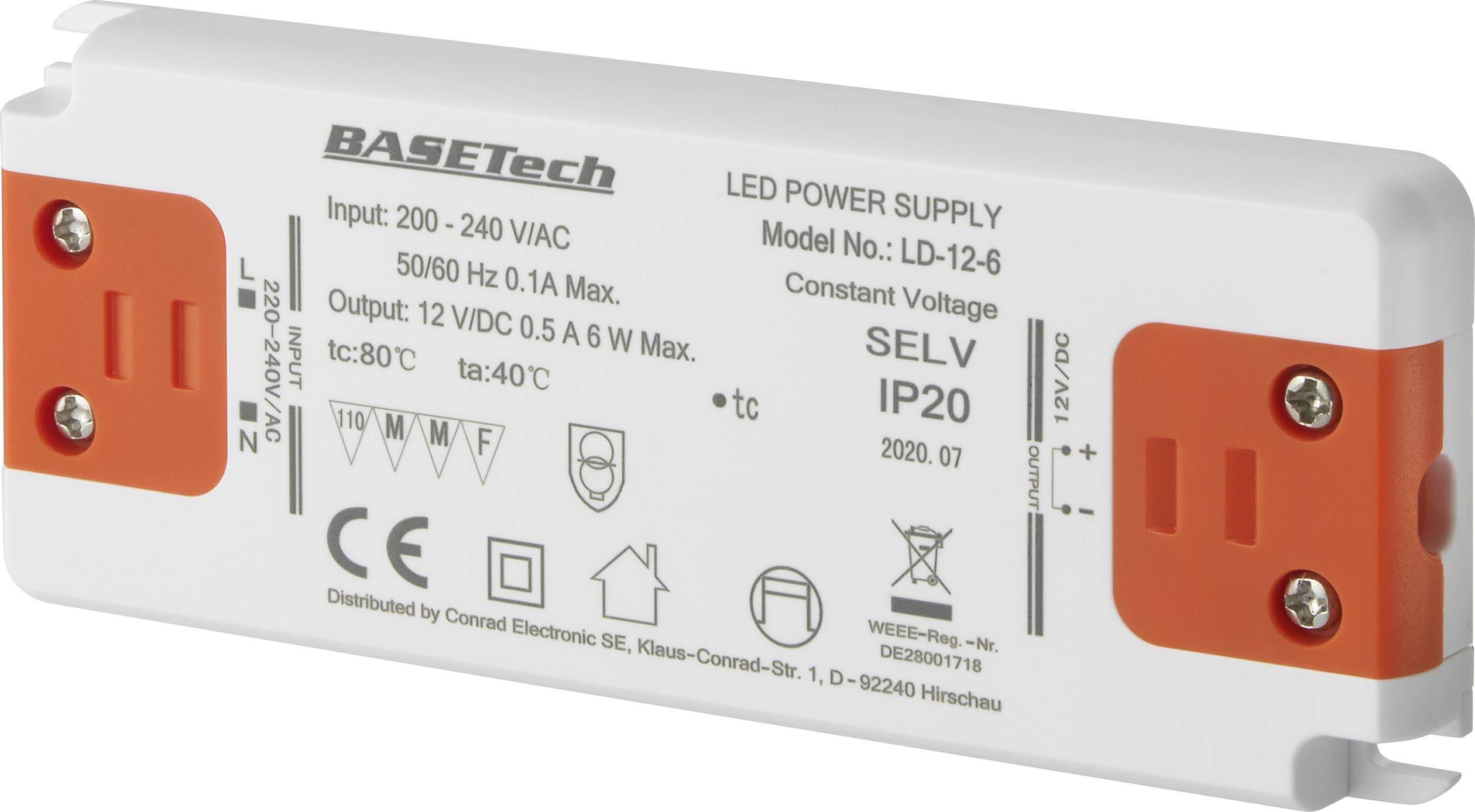 Basetech LD-12-6 LED transformer Constant voltage 6 W 0.5 A Approved for use on furniture, Overvoltage, Suitable for flammable