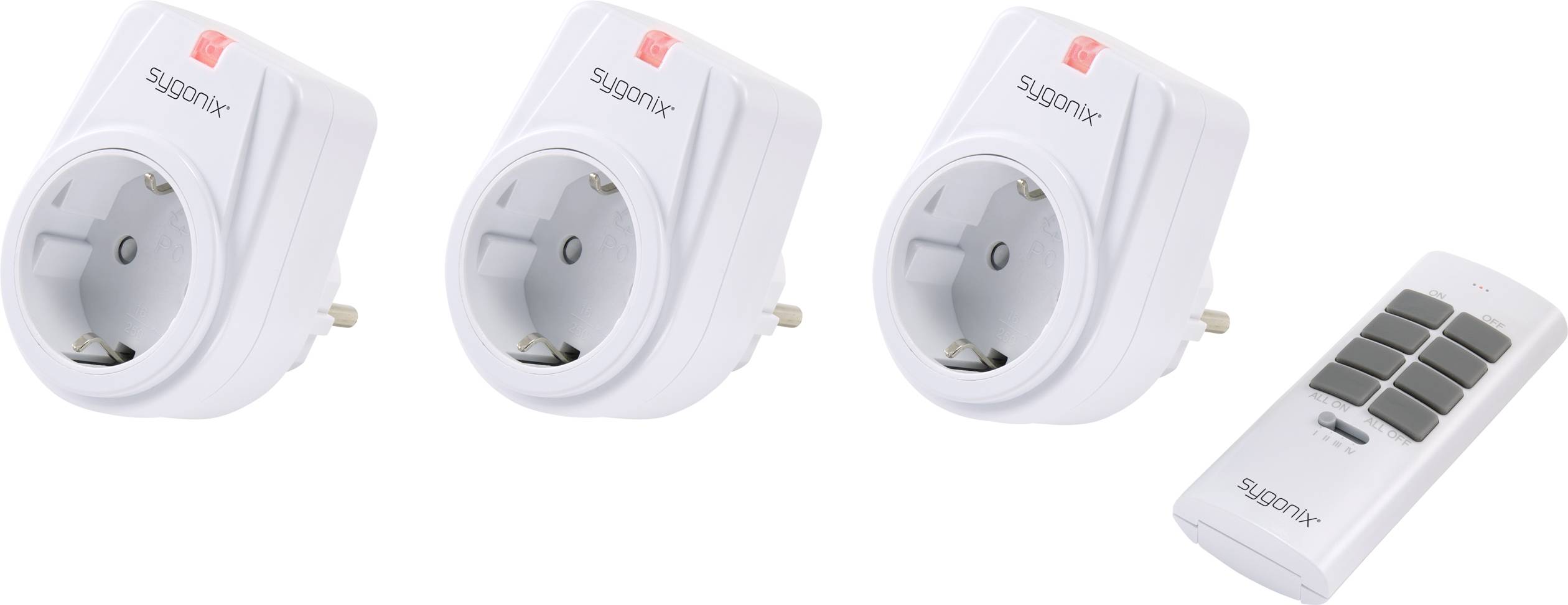 Three white radio-controlled sockets and a remote control by 'supantrix' for wireless control of electrical devices.
