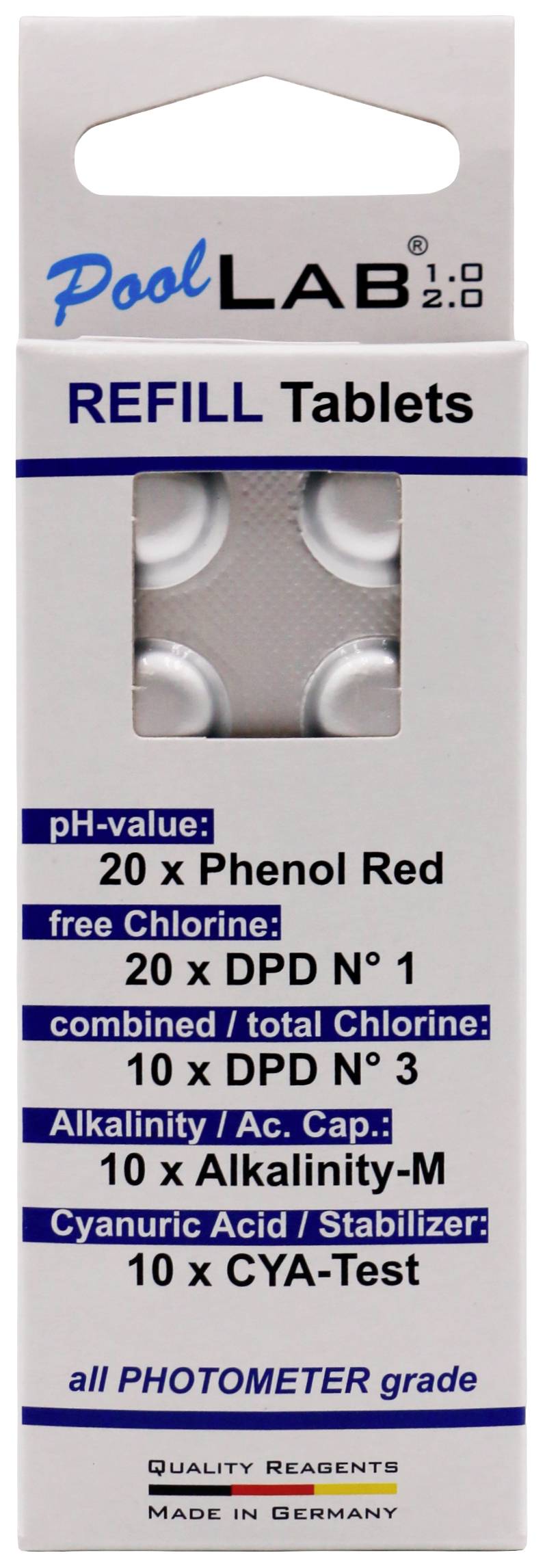 PoolLab 2.0 Refill Tablet Pack for Water Analysis. Contains Phenol Red, DPD No. 1 and Alkalinity Test Tablets. Made in Germany.