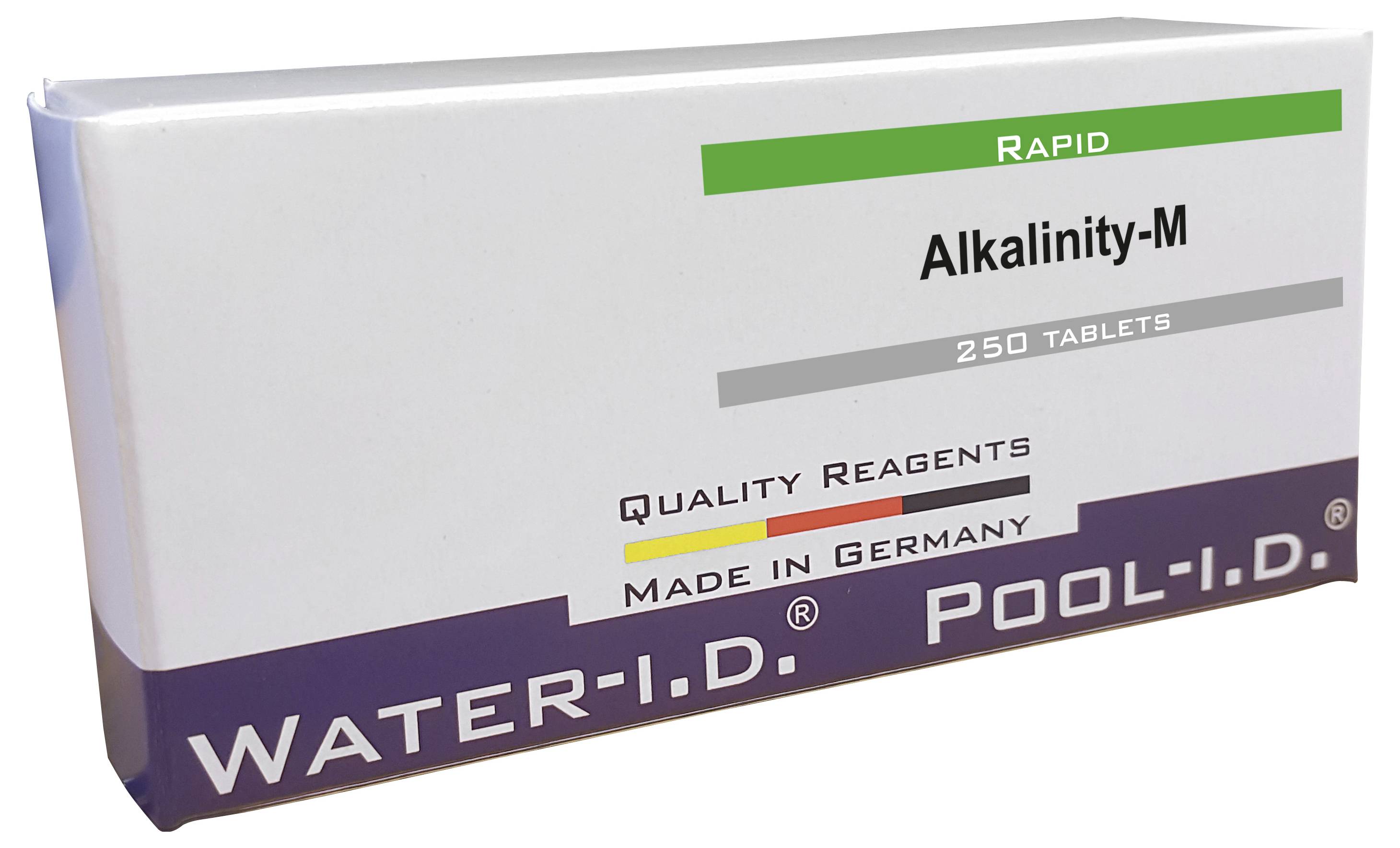 Packaging of 'Alkalinity-M' Tablets for Pool Testing, 250 Pieces. Manufactured in Germany by Water-I.D. Contains Reagents.