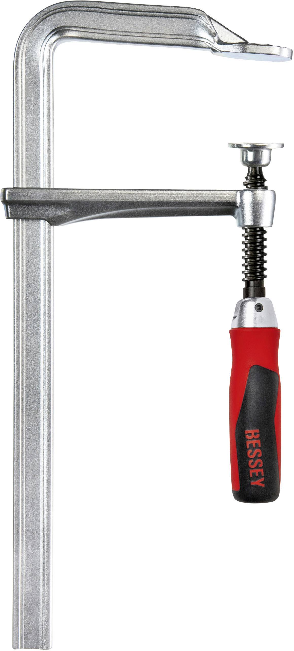 Metal clamp with red handle, suitable for securing workpieces in craft or industrial applications.