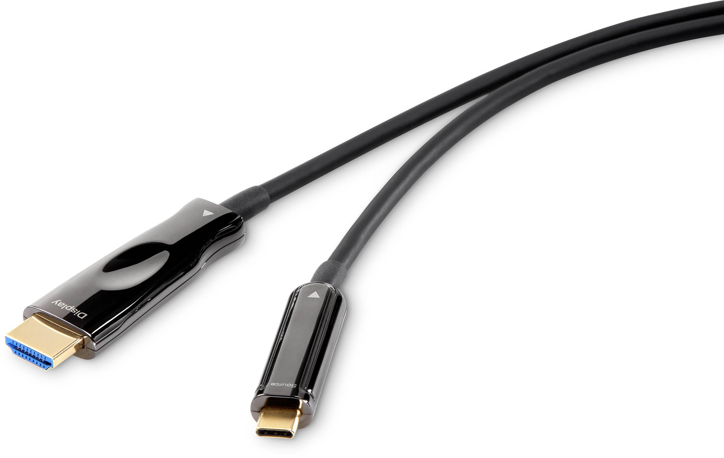 Two black cables with different connectors side by side: on the left an HDMI plug, on the right a DisplayPort plug.