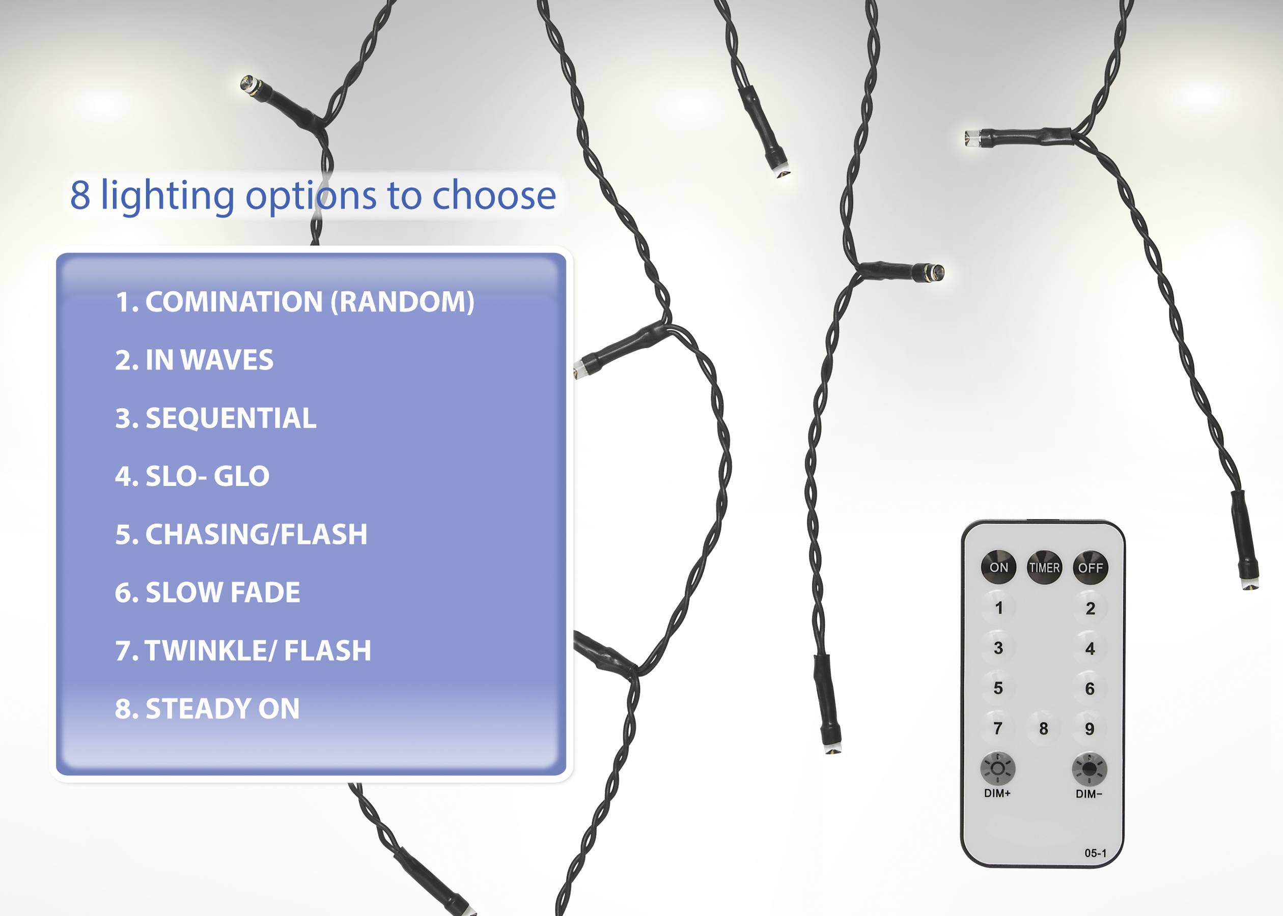Lighting Options: Combination, Waves, Sequential, Slow Glow, Chasing/Flashing, Slow Fade, Twinkling/Flashing, Constant Light.