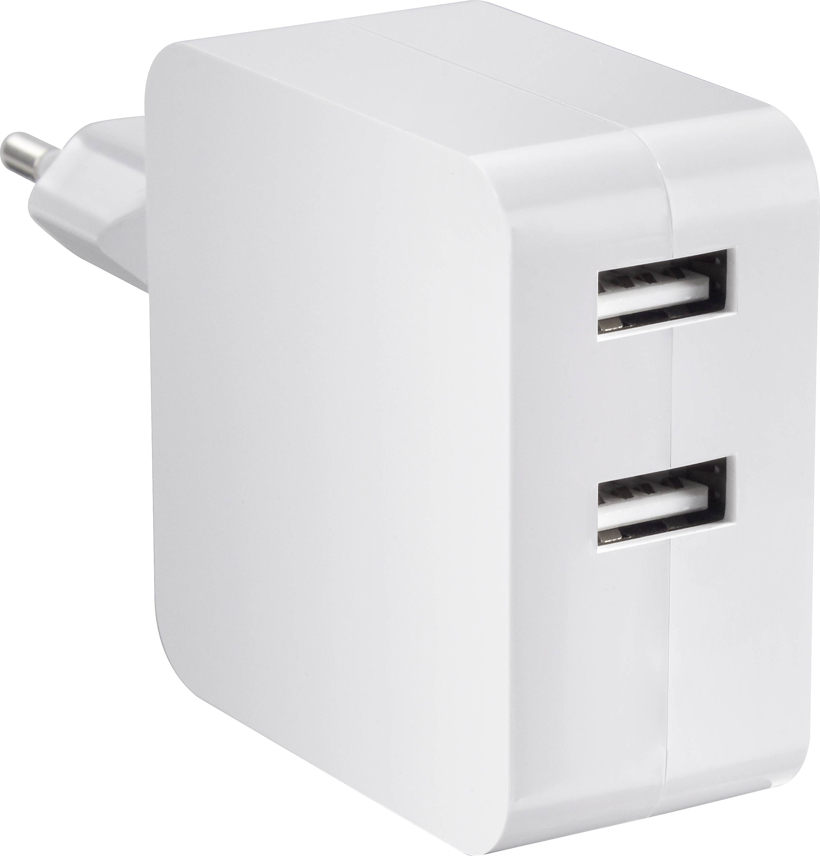 White USB charger with two USB ports.