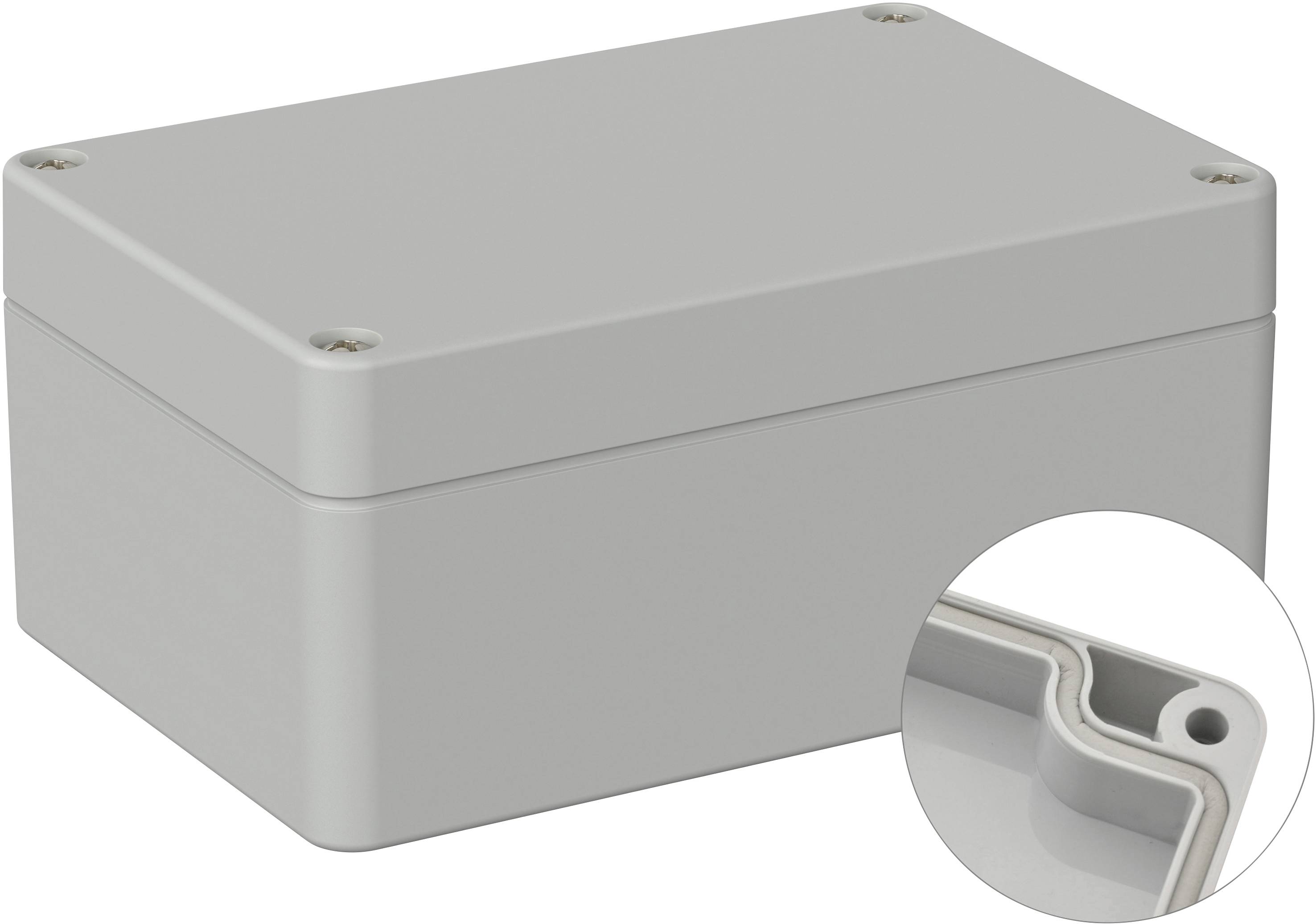 Grey rectangular plastic housing with a removable lid. Close-up shows a corner of the housing with a seal.
