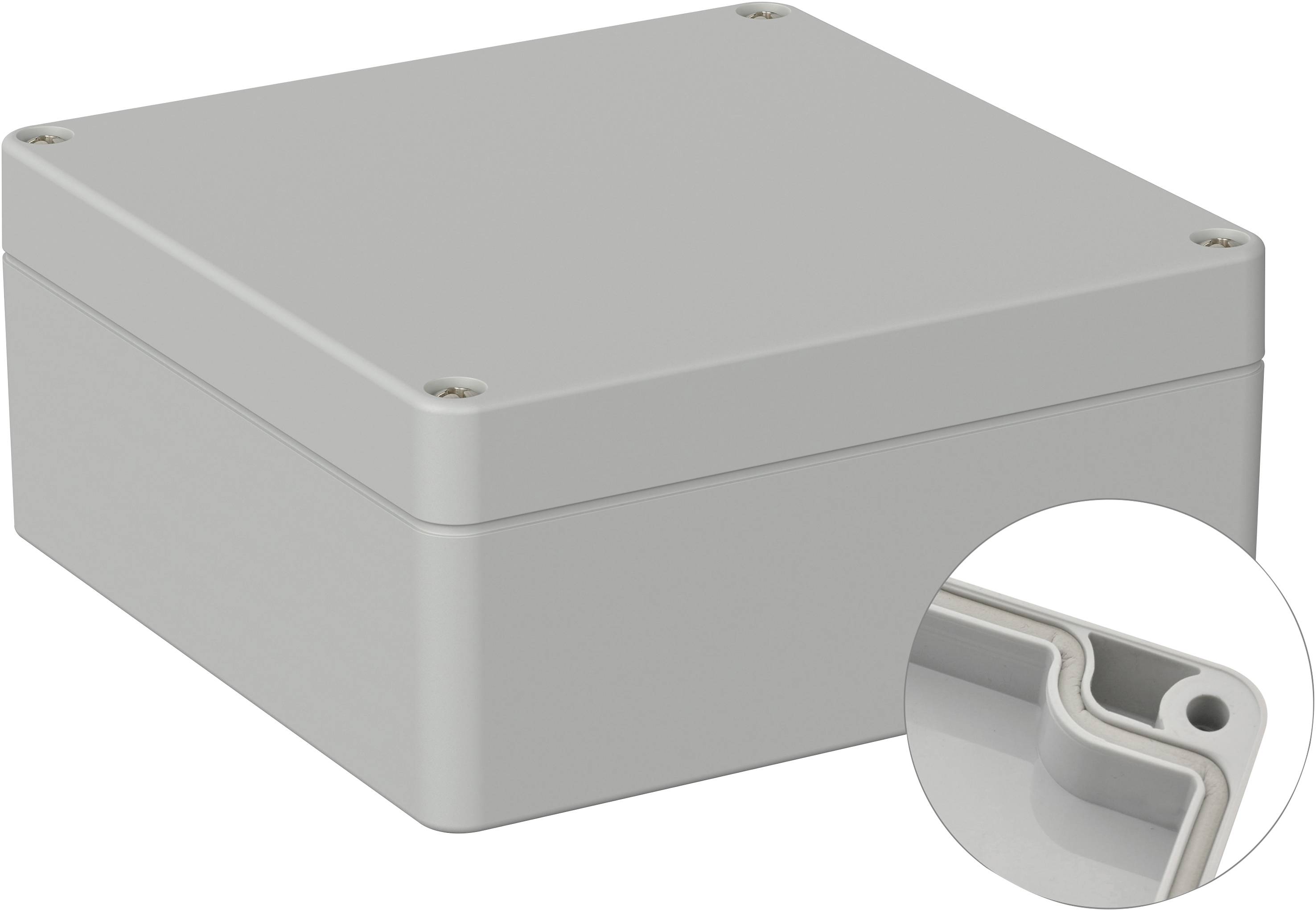 A grey, rectangular enclosure with rounded corners, with detailed focus on a corner featuring a screw hole.