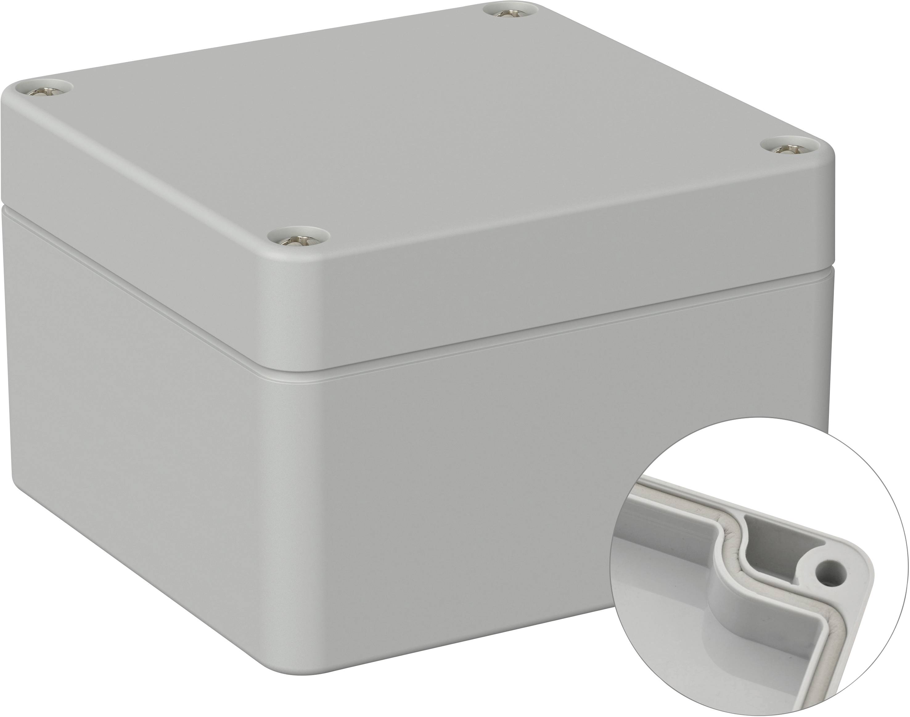 Grey, square plastic housing with rounded corners. Close-up shows seal along the edge of the lid for water resistance.