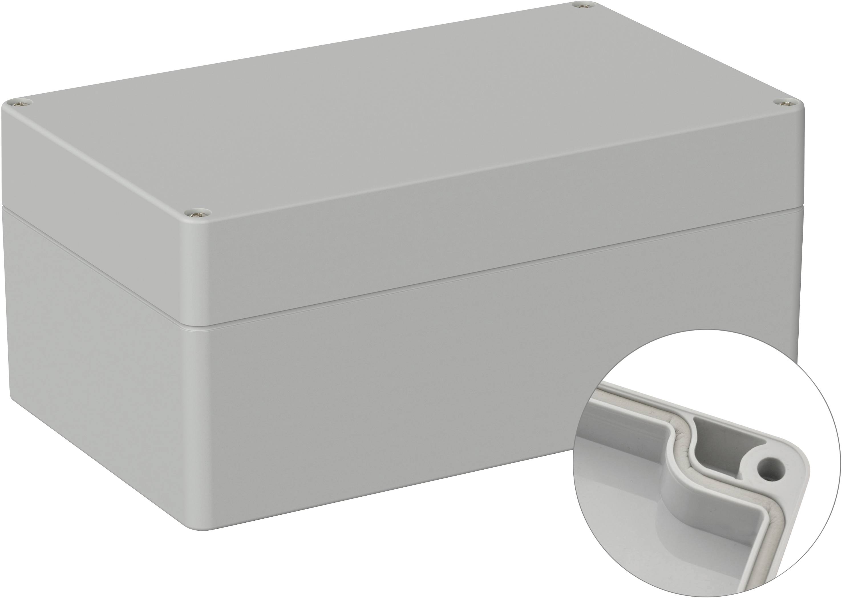 Grey rectangular plastic enclosure with rounded corners and a removable lid. Enlarged view shows part of the internal structure.