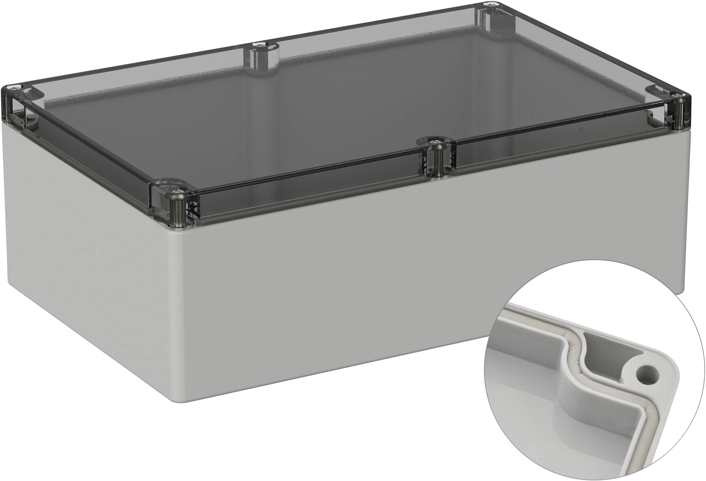 Grey-white plastic box with a transparent lid and a close-up of the inner corners. Suitable for storage or as an enclosure.