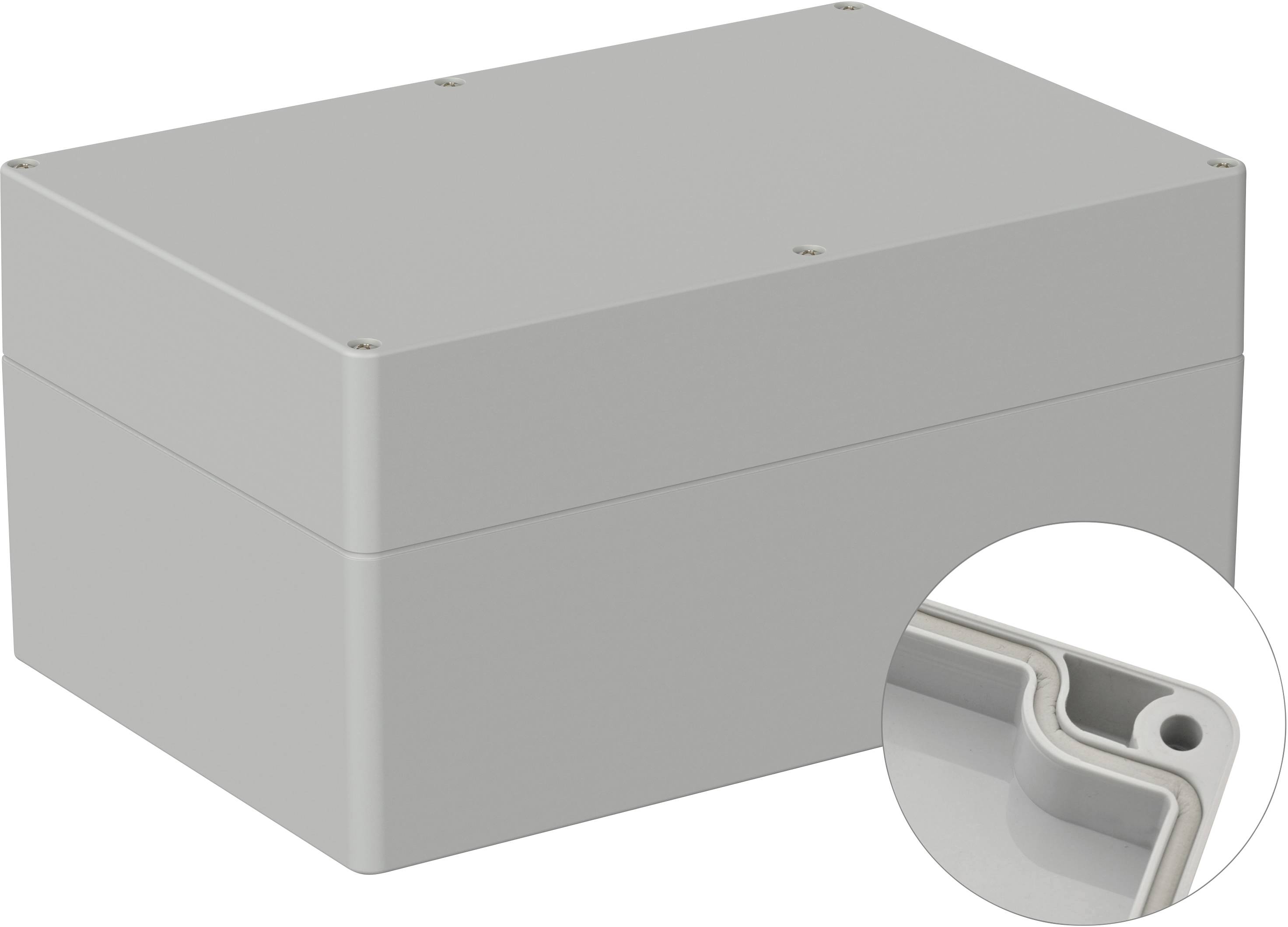 Rectangular grey enclosure with a removable lid, shown with a close-up of the internal connection for illustrative purposes.