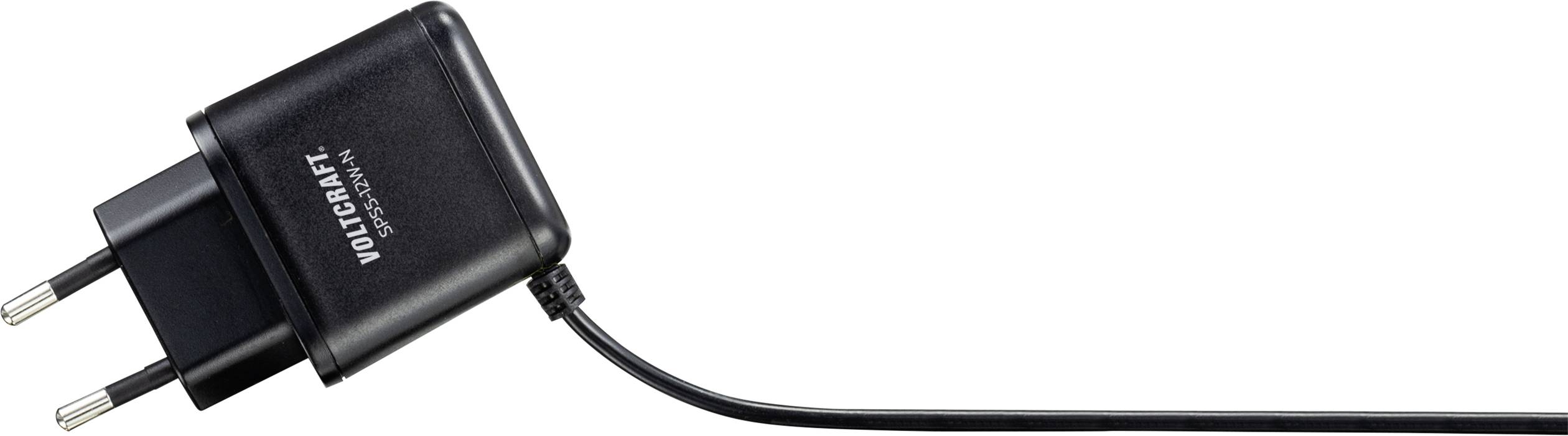 A black charger with an attached cable, marked with 'Voltcraft', lies on a white surface.