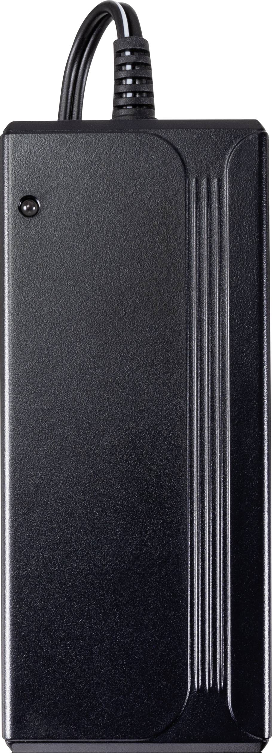 Black charger with cable, used for charging electronic devices.